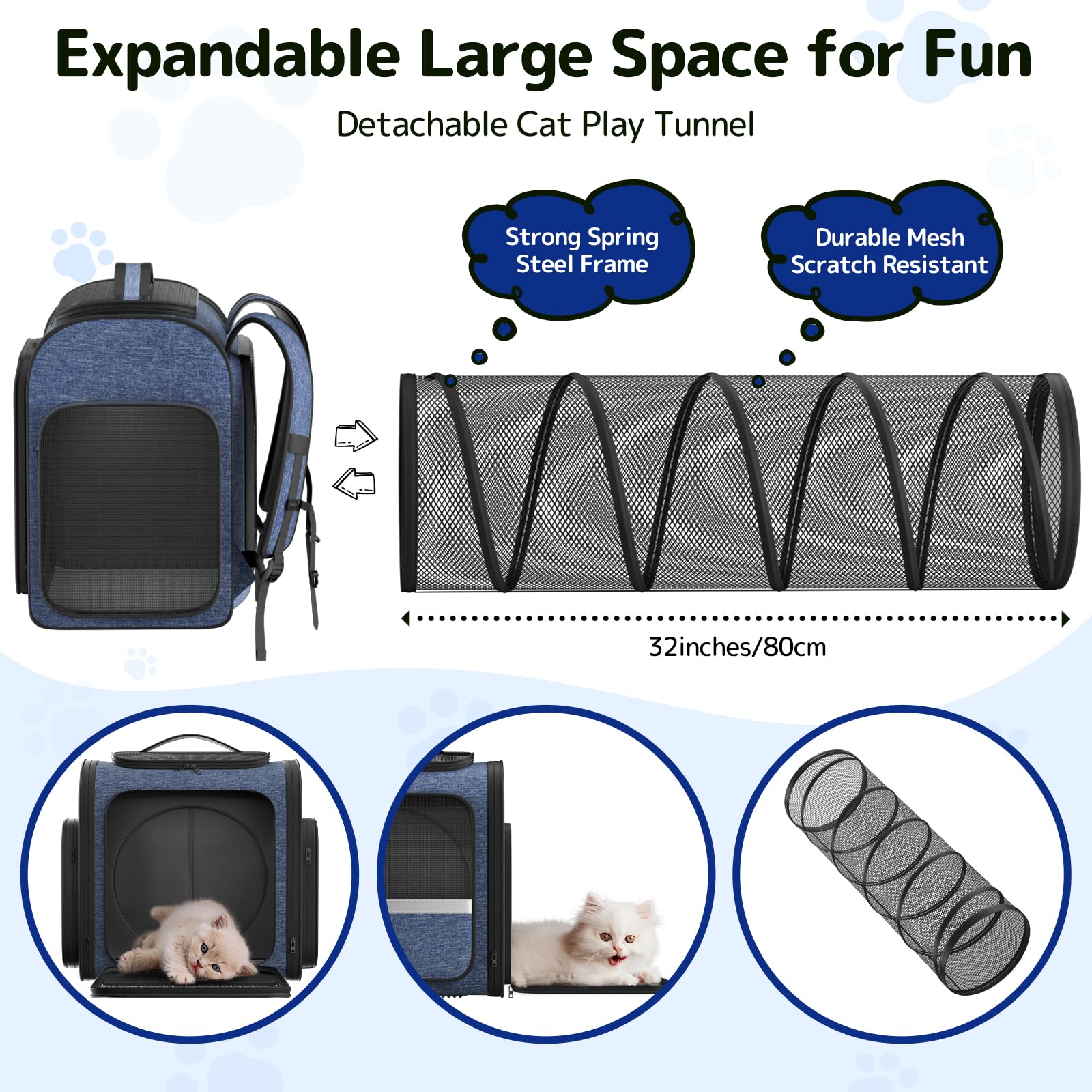 Cat Carrier Backpack with Detachable Play Tunnel, 2 in 1 Cat Tunnel Backpack Suitable for Carrying & Playing, Expandable Pet Carrier for Small Medium Kitten Puppy, Suitable for Travel Hiking Camping