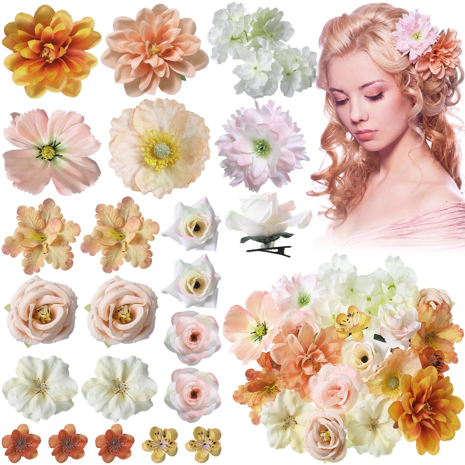 BBTO Flower Hair Clip Rose Hair Clips Barrettes for Women Flower Accessories Boho Bride Claw Clip Hairpin Brooch Pin Headpiece for Wedding(Beige Orange Series,21 Pcs)