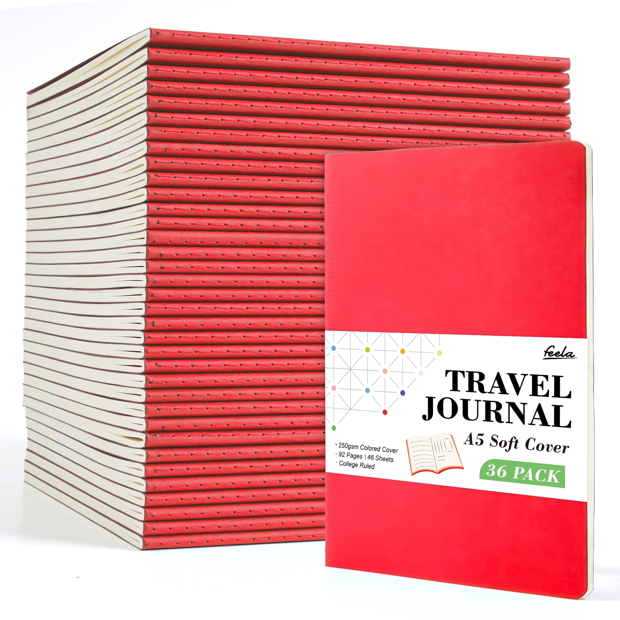 36 Pack Soft Cover Journal Bulk, Feela Lined Blank Travel Journal for Women Men Writing, Notebooks College Ruled for Work, Note Taking Notebook School Business Supplies, 8.2” x 5.5”, A5, Berry