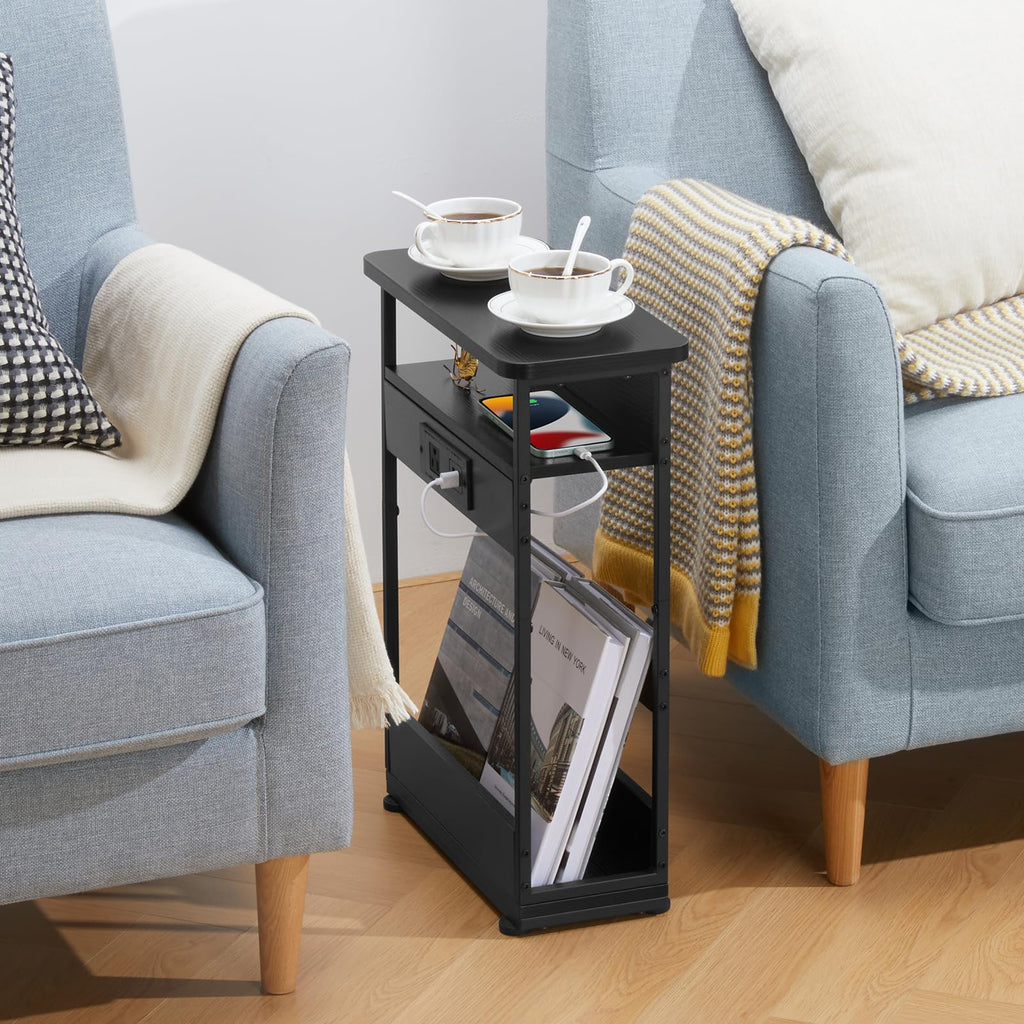 YEAKOO Narrow Side Table with Charging Station, 3-Tier End Table with 2 USB Ports & Power Outlets,Thin Sofa Side Table for Narrow and Small Spaces, Bedside Table Nightstand for Living Room,Black