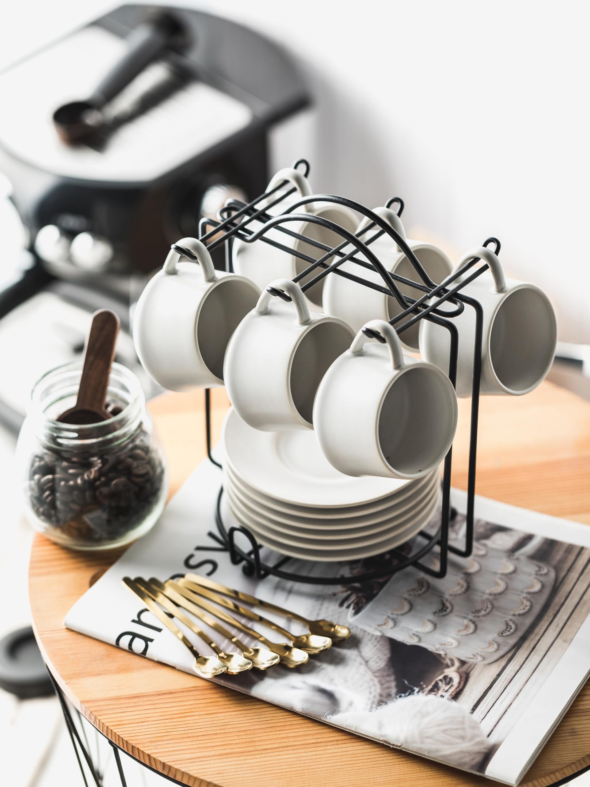YHOSSEUN Ceramic Espresso Cups Set of 6, 4 OZ Expresso Shots Cup with Stand, Saucers & Spoons, Small Coffee Cup Demitasse Cups for Father's Day, Espresso Accessories for Machine, Black