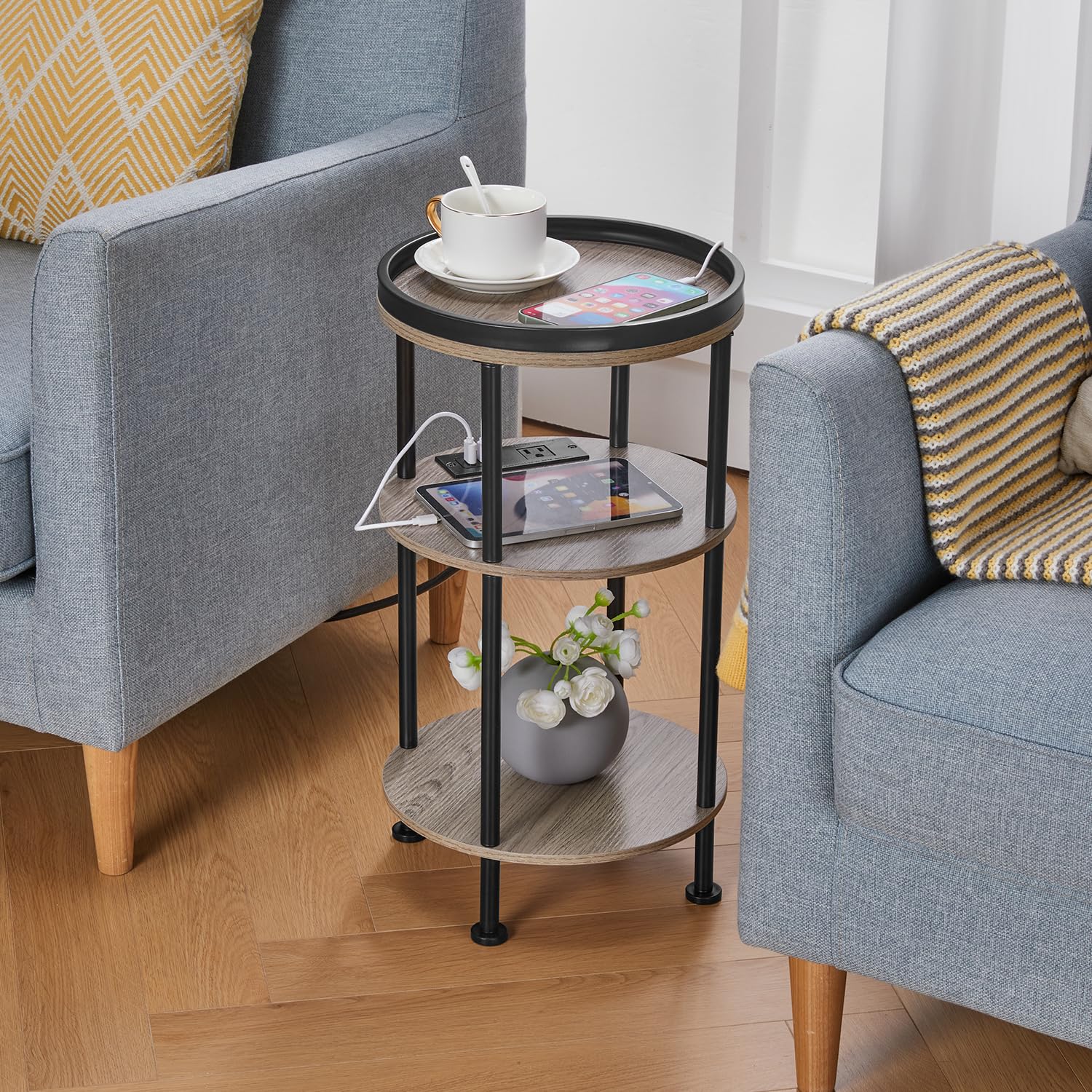 Small Round Side Table with Charging Station for Small Spaces, 3-Tier Accent Table with USB Ports & Power Outlets, Sofa Corner Tea Table for Living Room Nightstand Bedroom Apartment (Black)