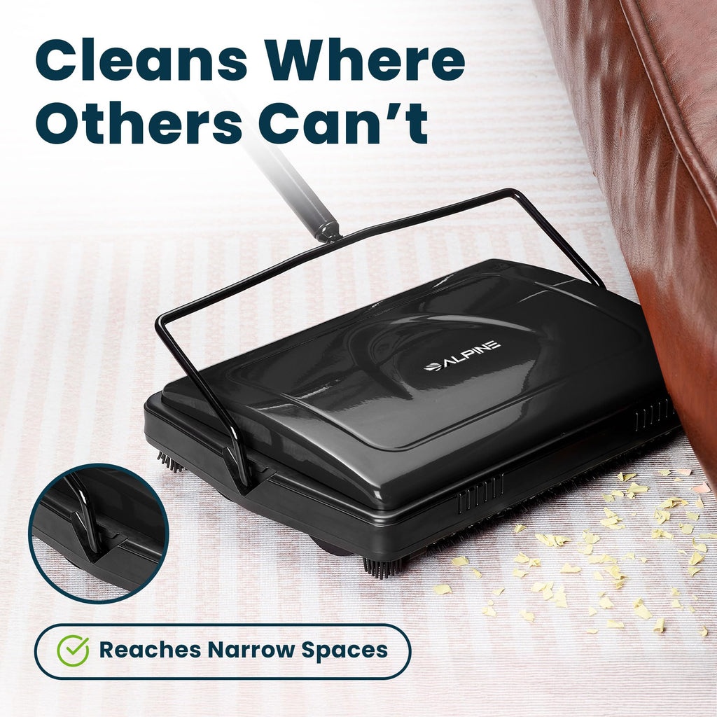 Alpine Manual Carpet Sweeper Triple Brush – Cordless Non Electric Multi-Surface Floor Brush Hardwood Floor Cleaner Easy Sweeping for Carpeted Floors (Improved Black)