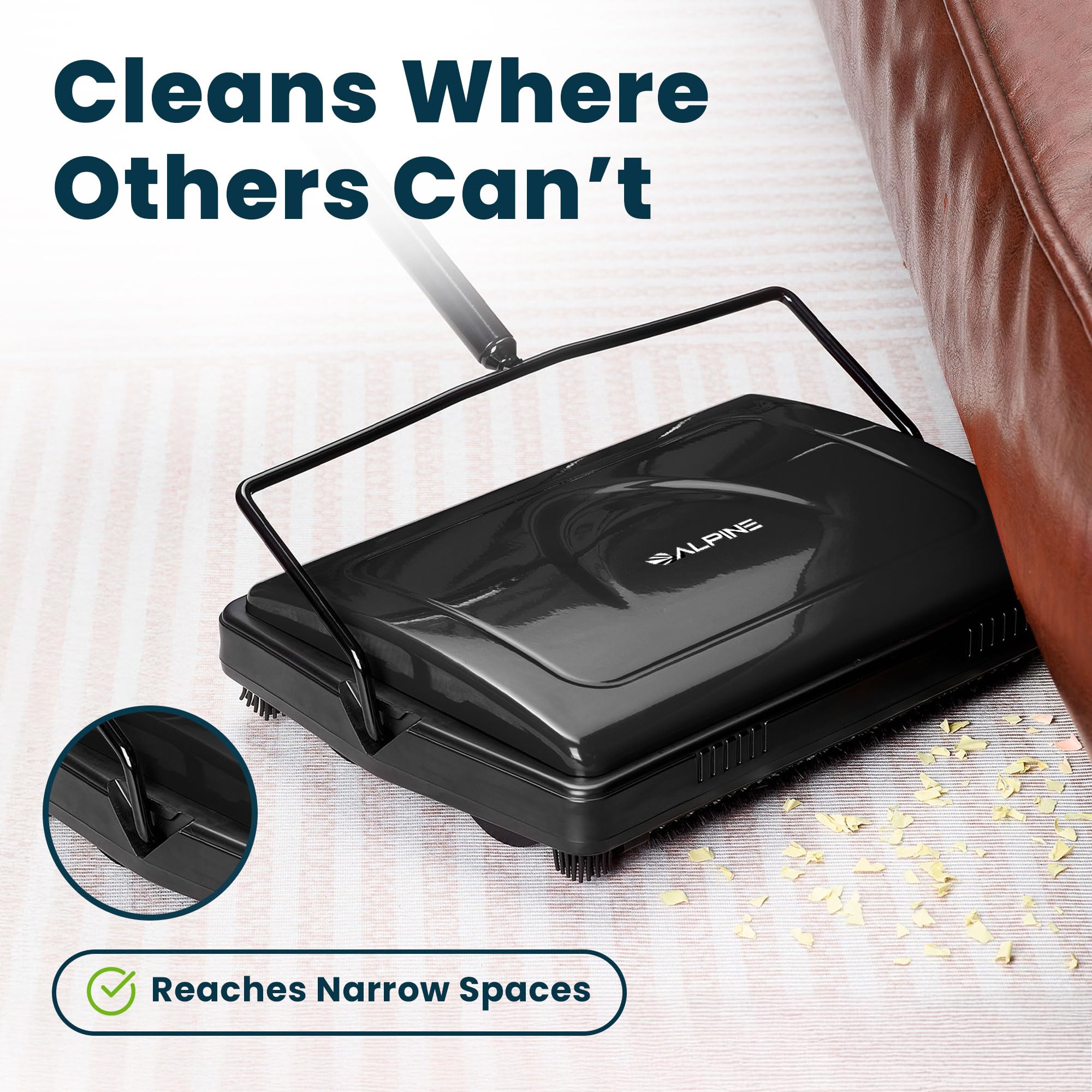 Alpine Manual Carpet Sweeper Triple Brush – Cordless Non Electric Multi-Surface Floor Brush Hardwood Floor Cleaner Easy Sweeping for Carpeted Floors (Improved Black)