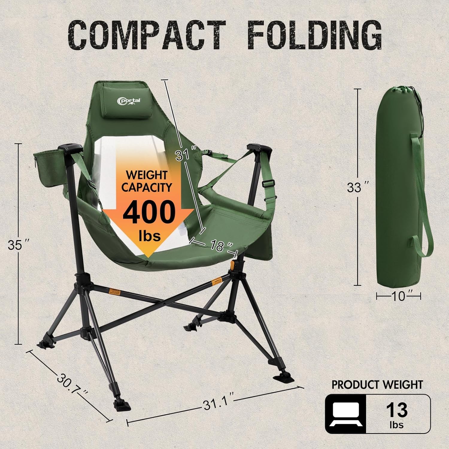 Portal Hammock Camping Chair, Portable Outdoor Swinging Chairs with Adjustable Back and Height for Lawn, Backyard, Patio, Supports 400 lbs, Breathable Mesh High Back, Blue