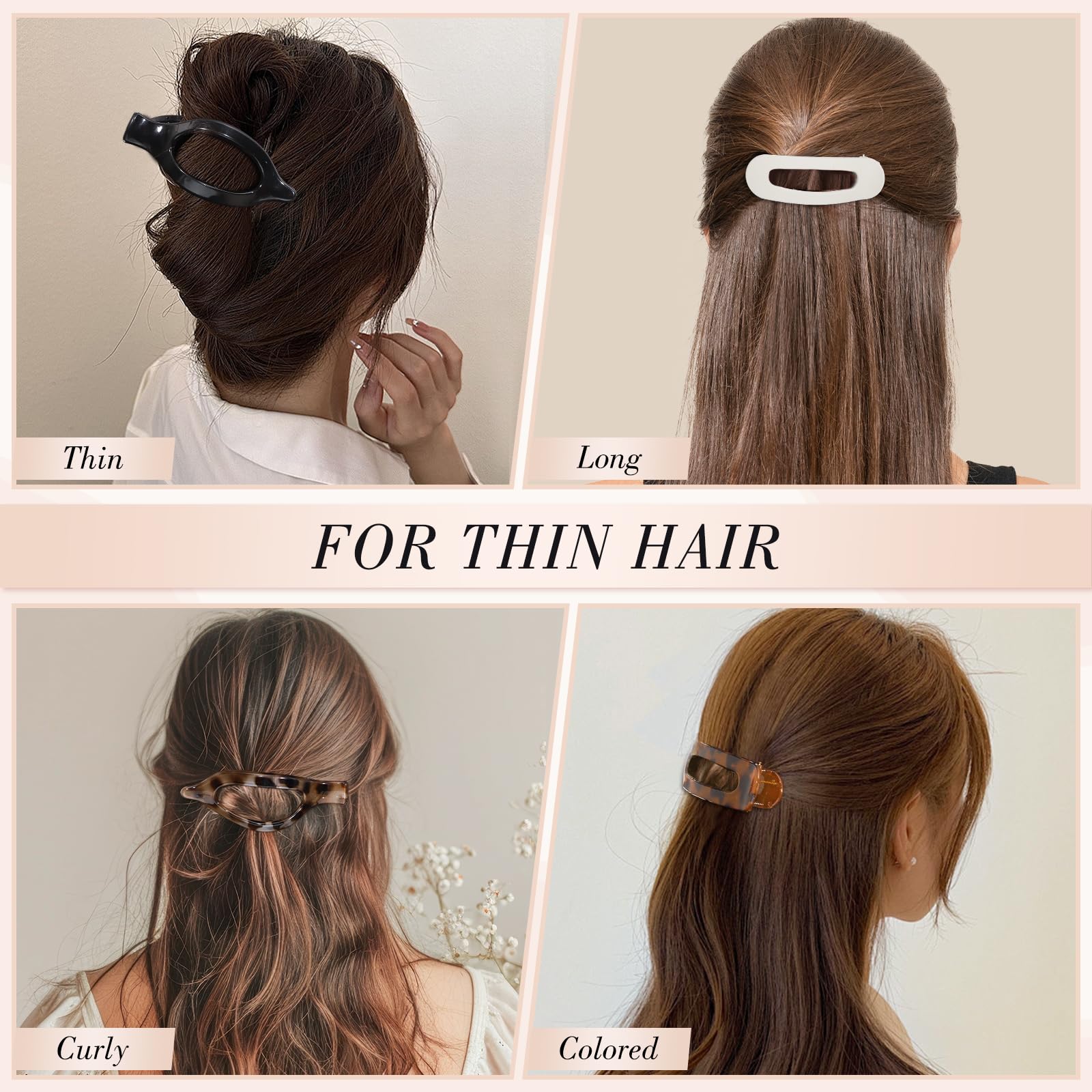 Obeoby 8 Pcs Flat Claw Clips for Women, Strong Hold French Flat Hair Clips for Thick Thin Hair Barrettes Accessories Round Large Medium (Tortoiseshell)