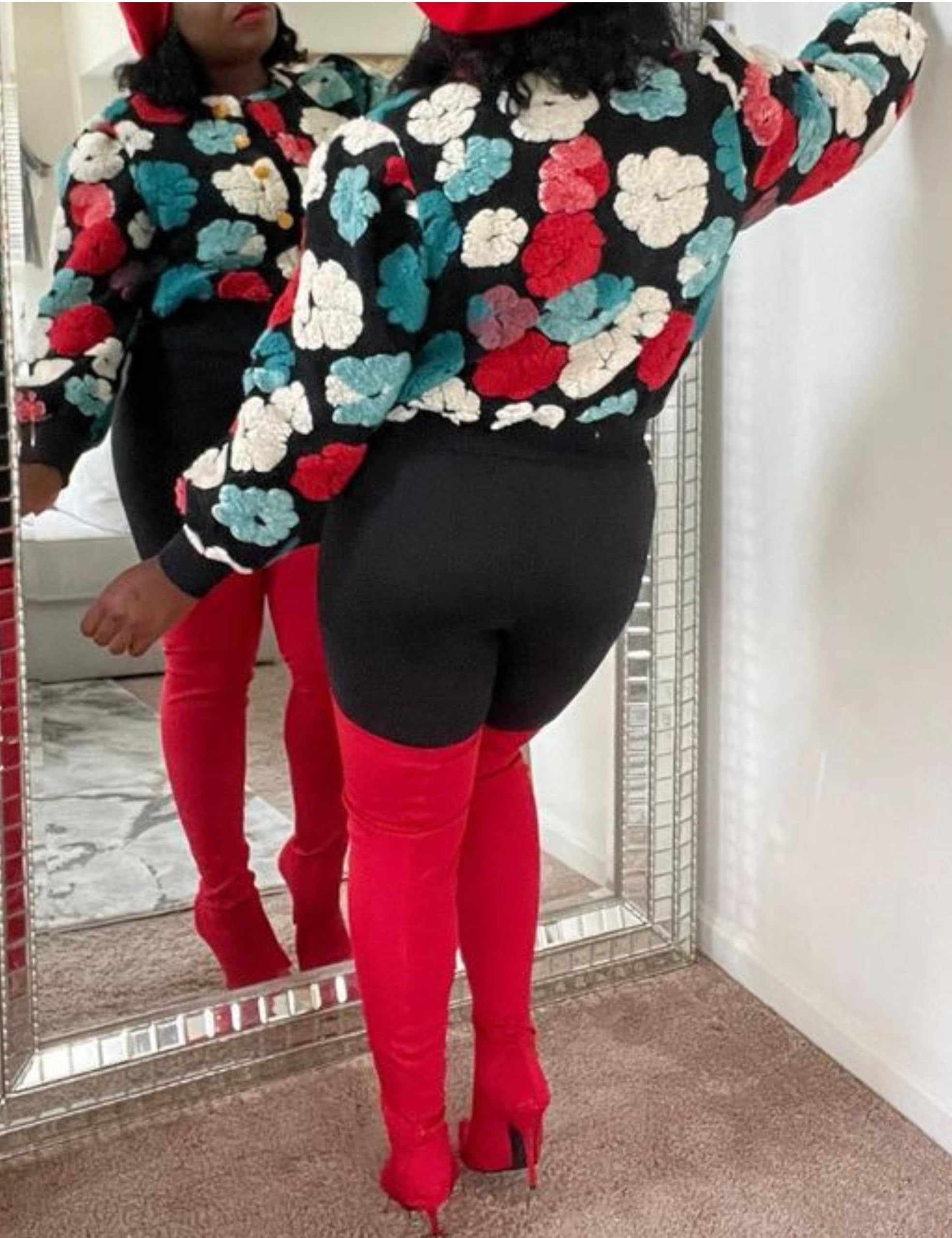 Womens Cropped Floral Print Jacket Warm Fleece Bomber Jacket Casual Button Down Coats Fall Puff Outerwears