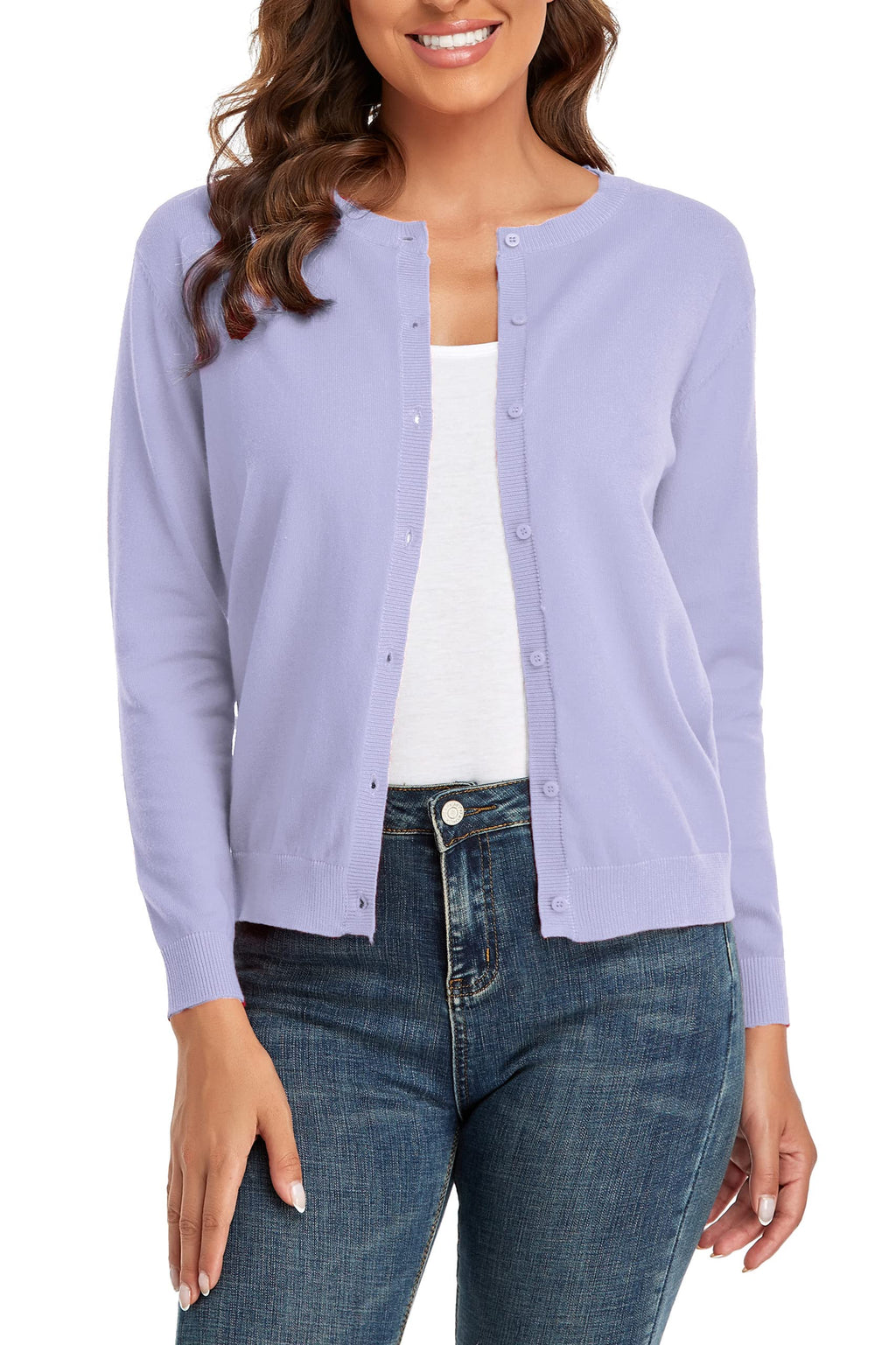 CUNYI Women's Crew Neck Cardigan Long Sleeve Sweater for Women Button Down Soft Knit Ladies Cardigan Sweates Coat