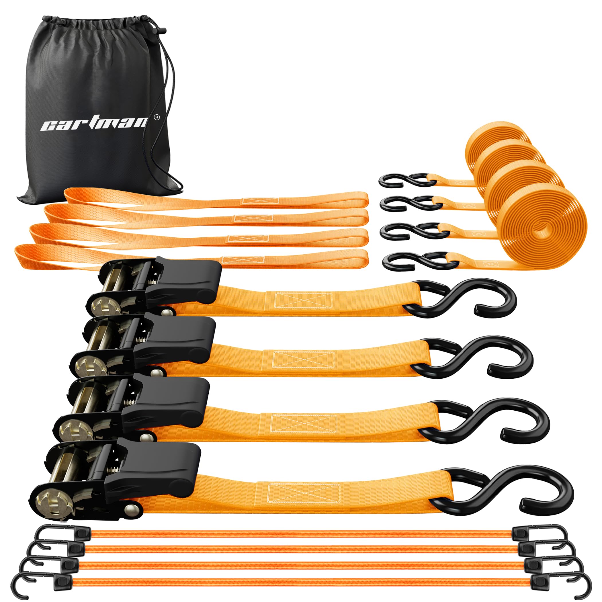 Cartman Ratchet Tie Down, 4Pk 15Ft, 500Lbs Load Cap/ 1500Lbs Break Strength, Cargo Straps for Moving Appliances, Lawn Equipment, Motorcycle in a Truck, with Carry Bag