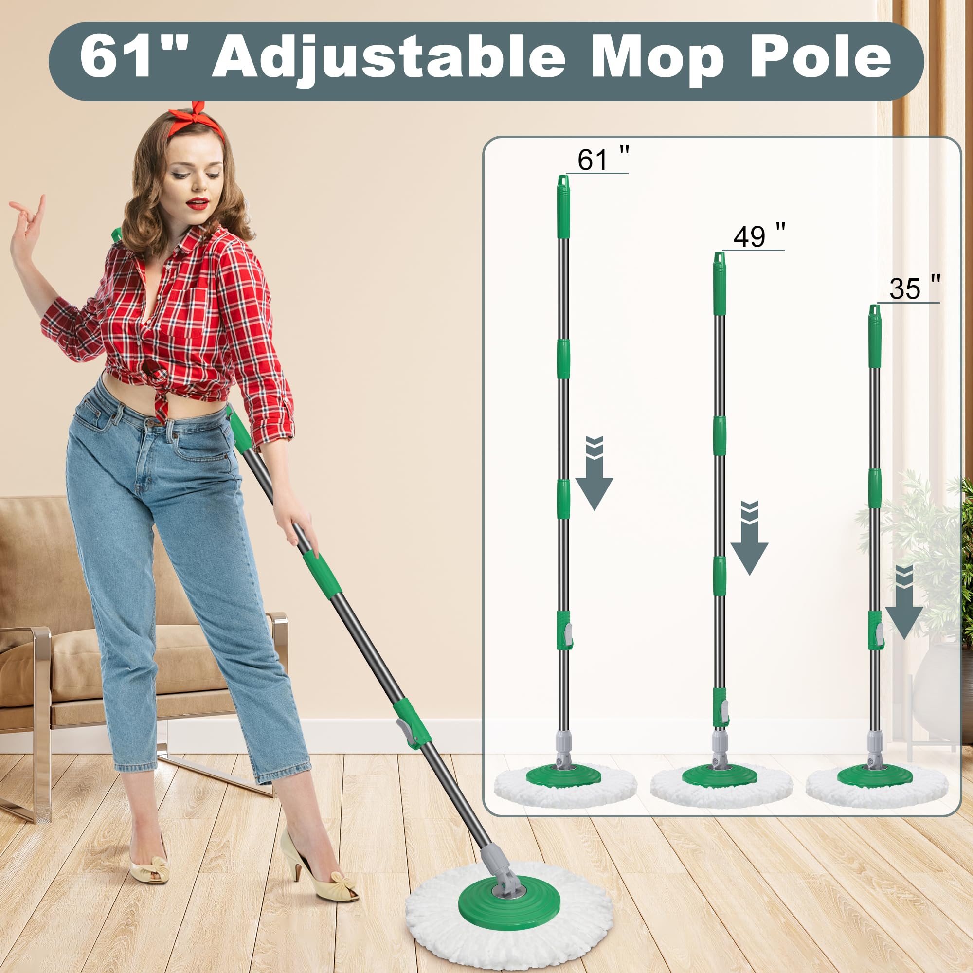Dual Compartment Spin Mop and Bucket, Mop and Bucket with Wringer Set,360°Rotating Spinning Mopping for Floor Cleaning with 6 Microfiber Replacement Heads, 61" Extended Handle, 2X Wheel - Deep Green