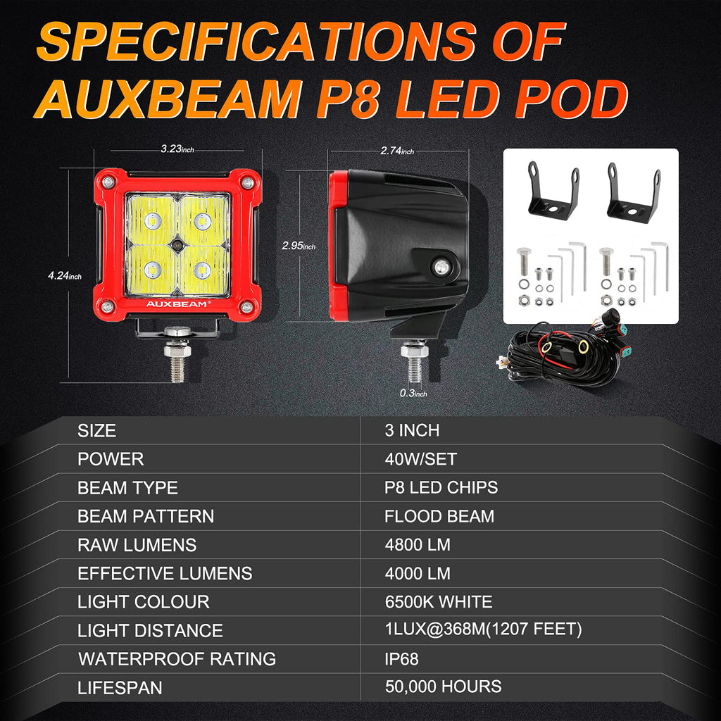 Auxbeam FA Series 3 Inch LED Cubes with DRL 2 Modes Spot Beam Offroad Lights 20W Driving Spotlights A-Pillar Ditch Lights for 4x4 Truck Car ATV Motorcycle, Pair