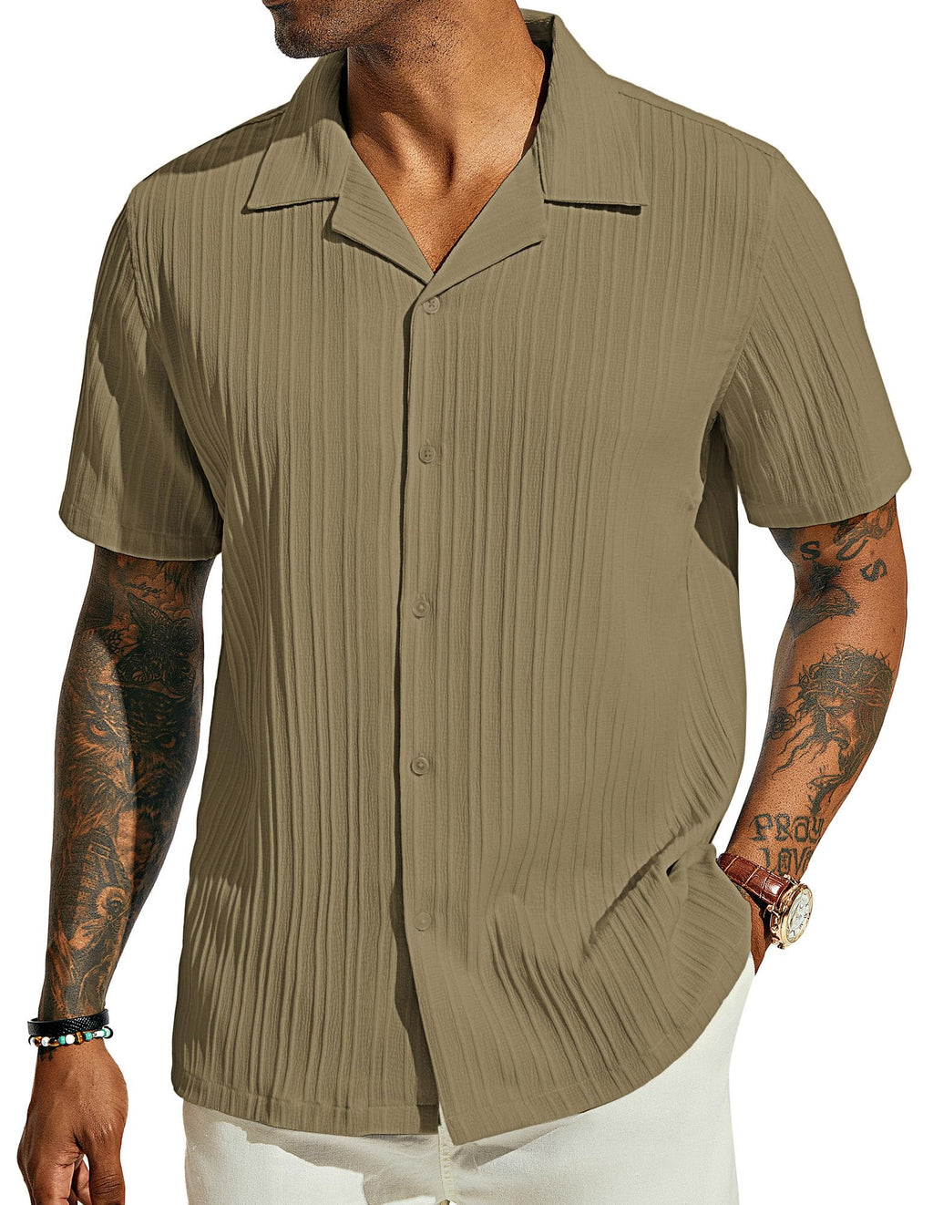 PJ PAUL JONES Men's Casual Button Down Shirts - Short Sleeve Summer Textured Beach Wrinkle-Free Shirts