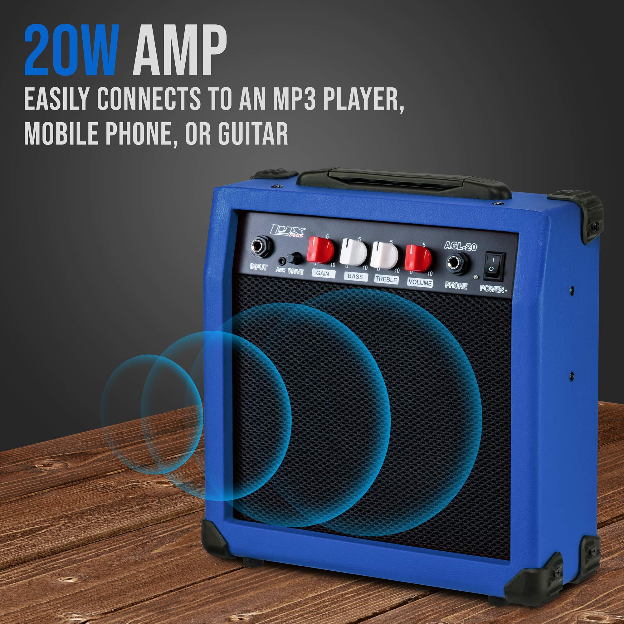 LyxPro Electric Guitar Amp 20 Watt Amplifier Built in Speaker Headphone Jack and Aux Input Includes Gain Bass Treble Volume and Grind - Black