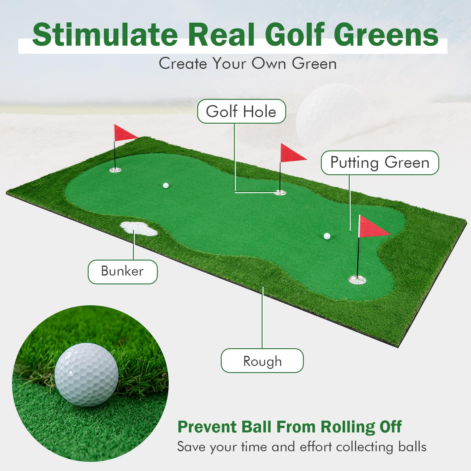 Tangkula 10 FT Golf Putting Green, Large Professional Golf Training Mat with Realistic Artificial Grass Turf, 3 Holes, 3 Flags and Cups for Indoor Outdoor Putting Practice