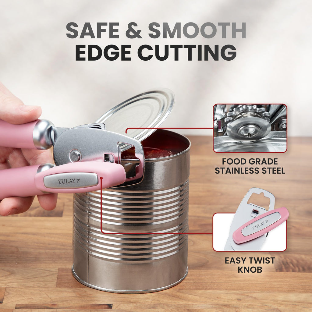 Zulay Kitchen Heavy Duty Stainless Steel Can Opener Manual with Bottle Opener - Rust Proof Manual Can Opener With Turn Knob & Comfy Soft Grip Handles - Airy Lilac