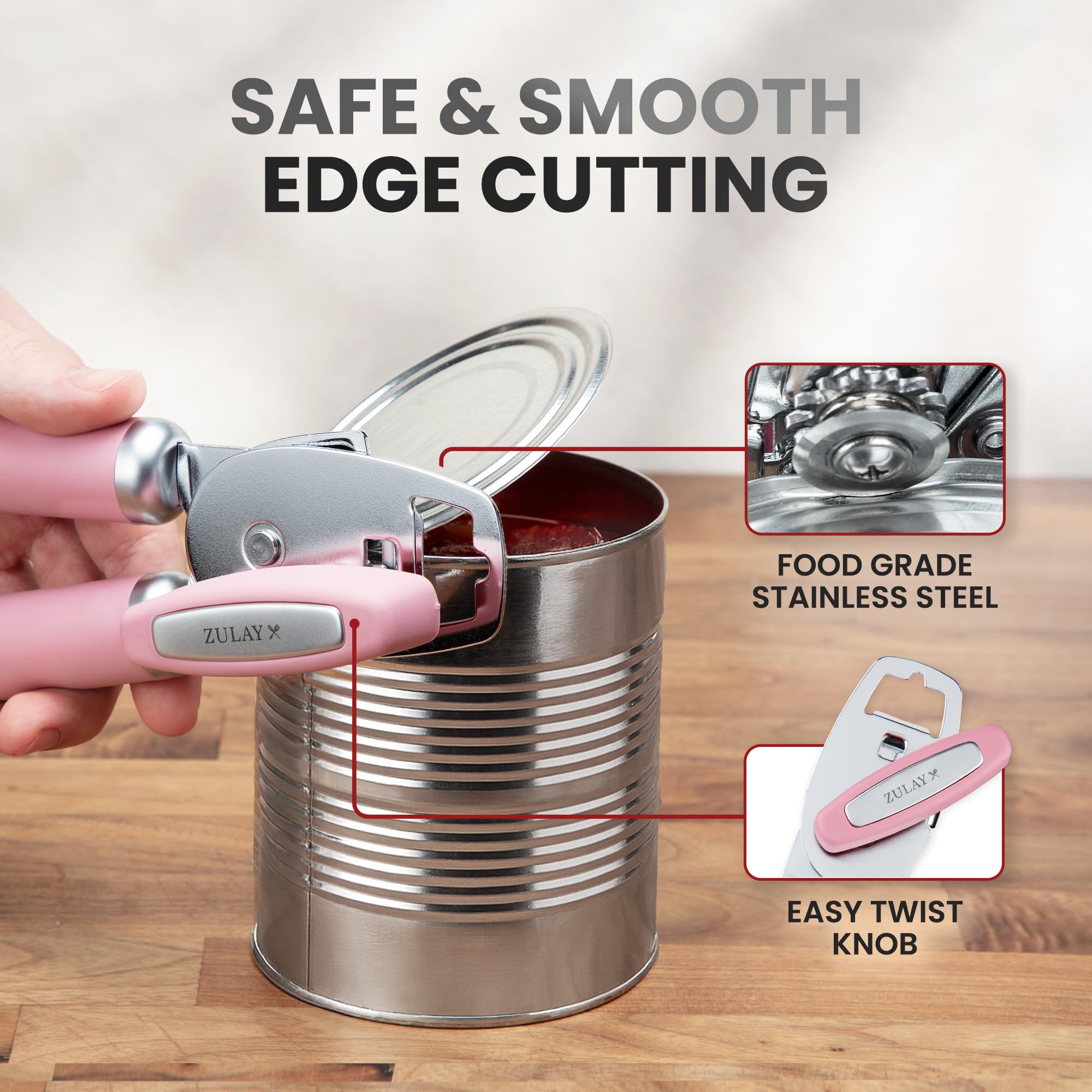 Zulay Kitchen Heavy Duty Stainless Steel Can Opener Manual with Bottle Opener - Rust Proof Manual Can Opener With Turn Knob & Comfy Soft Grip Handles - Airy Lilac