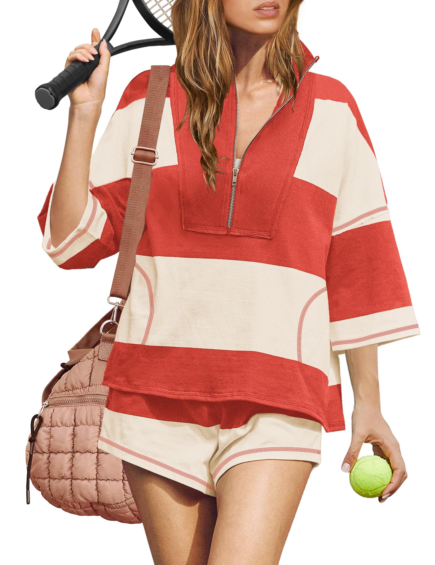 ReachMe Womens Workout Striped Short Sets 2 Piece Outfits Summer Matching Lounge Sets Top and Shorts with Pockets