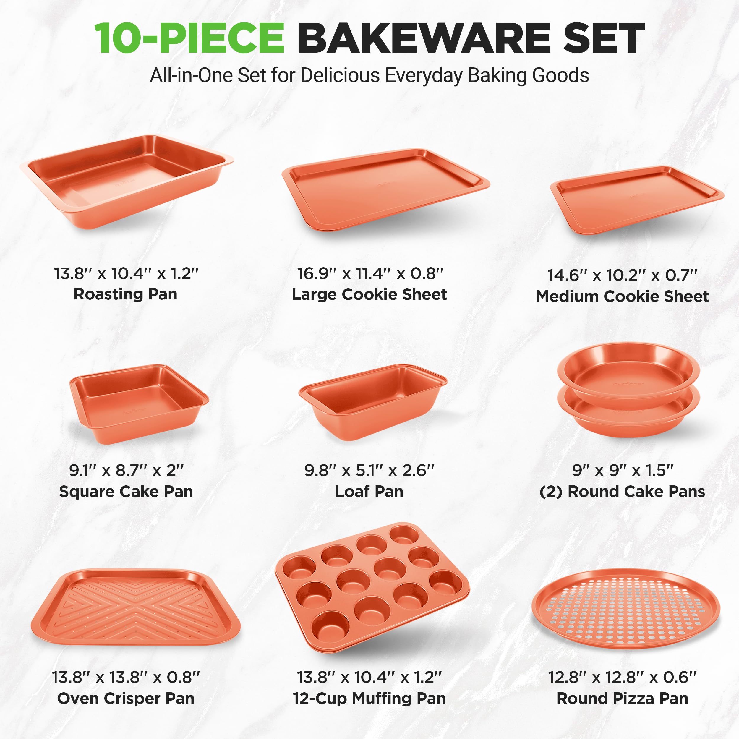 NutriChef 10-Piece Non-Stick Baking Set – Heavy-Duty Carbon Steel Bakeware Set w/ Cookie Sheets, Muffin Pan, Roasting Pan, Cake Pan, Baking Tray, Pizza Pan – Effortless Food Release & Easy Cleanup