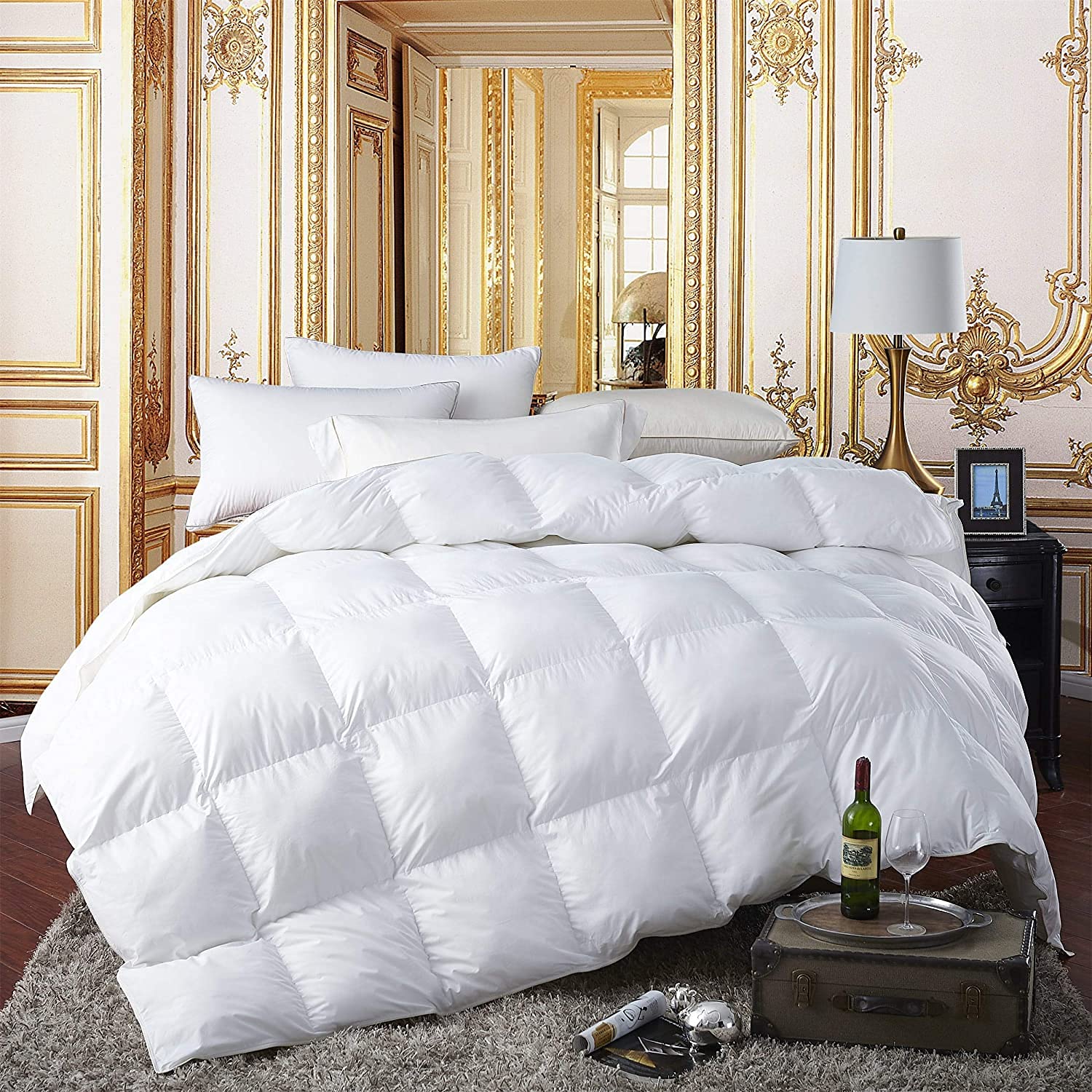 Luxurious All-Season Luxury Siberian Goose Down Pinch Pleated Comforter Duvet Insert 1200 Thread Count 120 X 98 inches, 100% Egyptian Cotton Down Feather Comforter (Palatial King, White)
