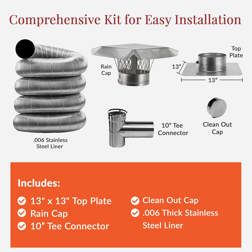 Fireside Chimney Supply Stainless Steel Chimney Liner Kit | FireSafe Flexible Chimney Liner with Tee Connector for Wood Stoves & Venting | Made in The USA | Heavy-Duty 3 Inch x 20 Feet