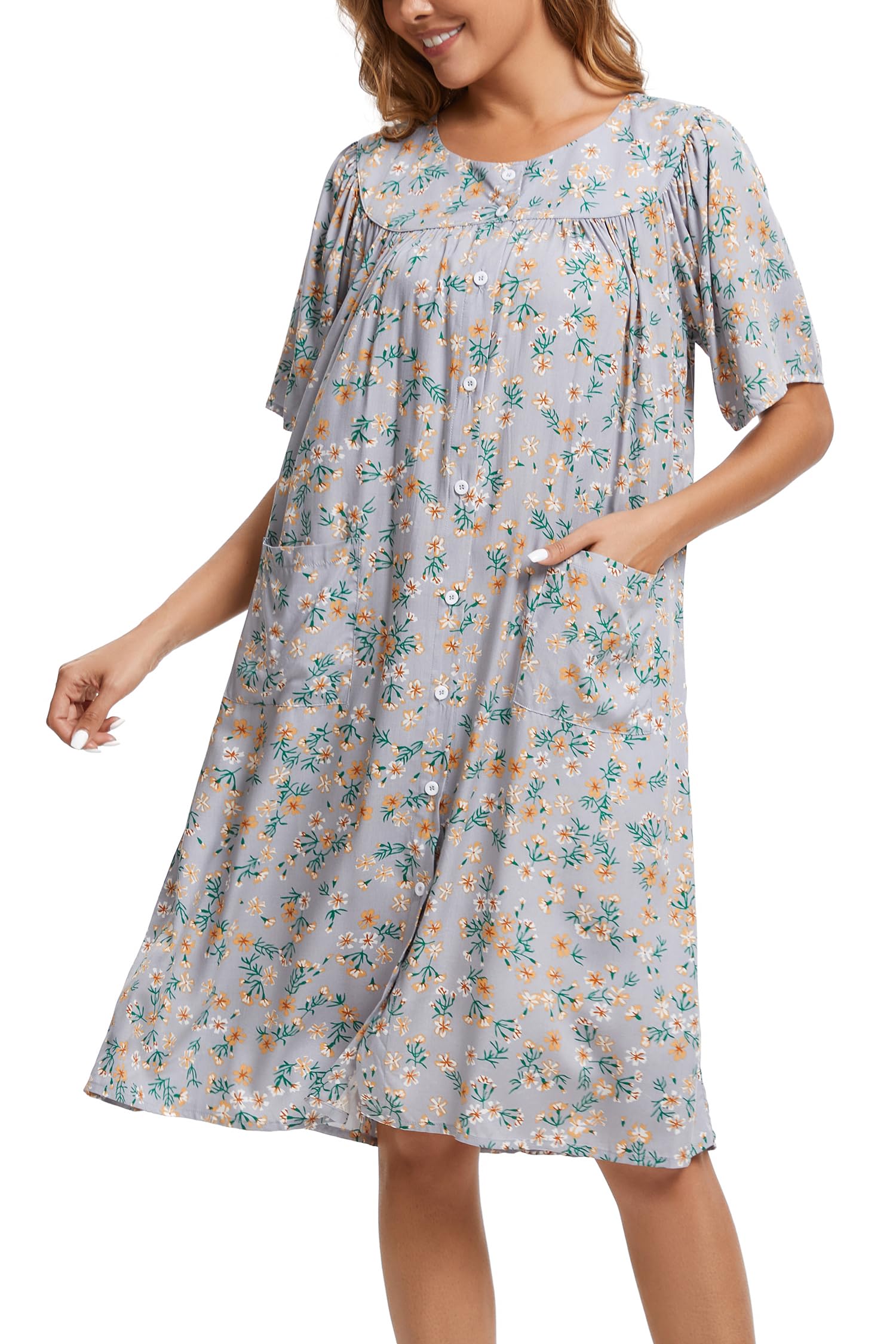 COSUNIONY House Dresses for Women Cotton Short Sleeve House Coat Buttons Down Dusters Robe with Pockets S-XXL