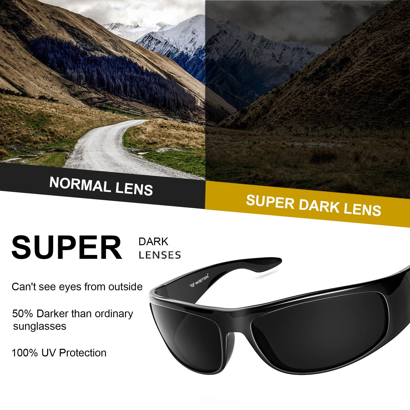 WISTON Wrap Around Sunglasses for Men Women Super Dark Blackout Sunglasses for Sensitive Eyes UV400 Protection W8005