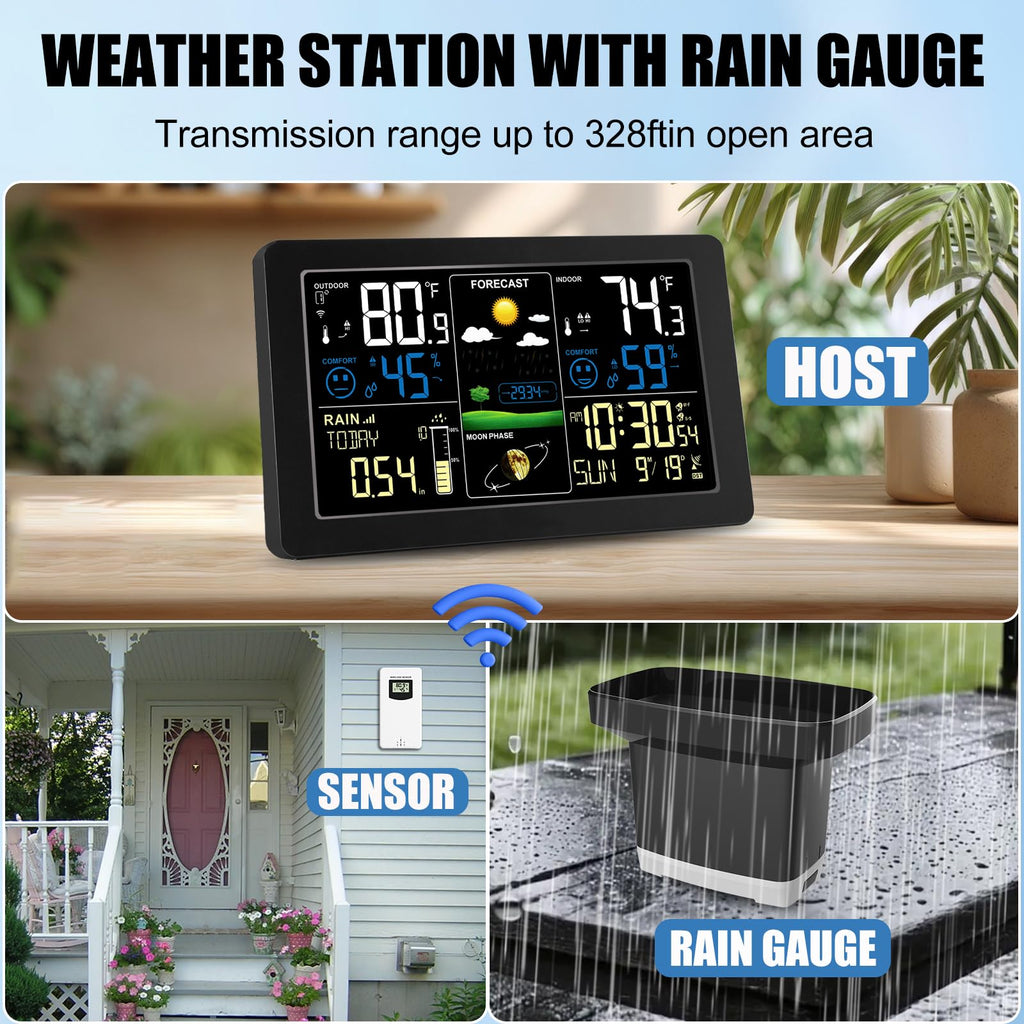 Weather Station with Rain Gauge Outdoor, Home Weather Stations Wireless Indoor Outdoor with Digital Rain Gauges, Thermometer, Barometer, Hygrometer, Atomic Clock, Weather Forecast, with 3 Sensor