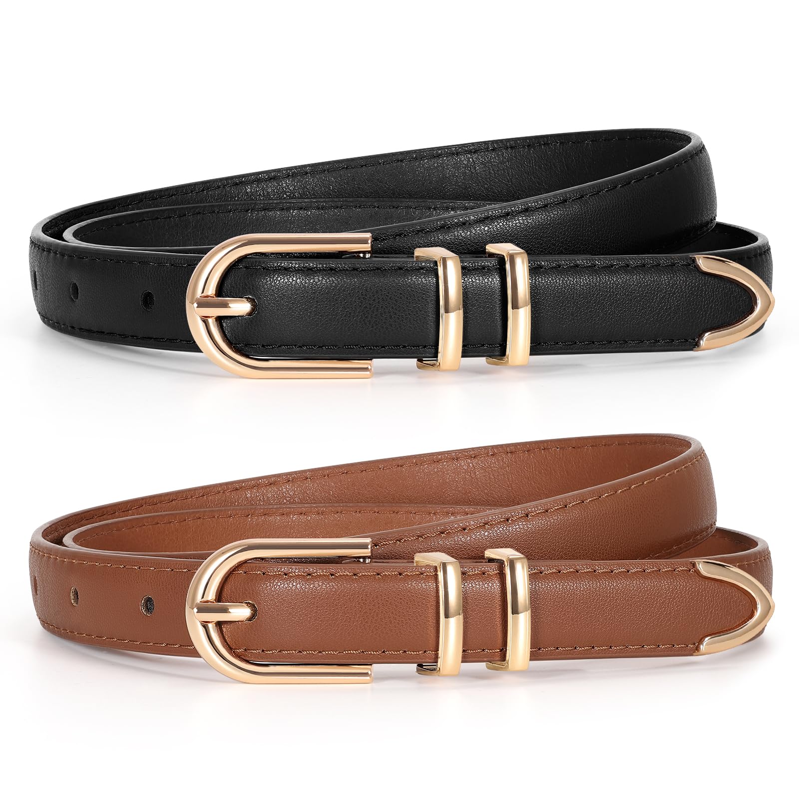 TRIWORKS 2 Pack Women Skinny Leather Belts for Jeans Pants Thin Faux Leather Belt with Gold Buckle