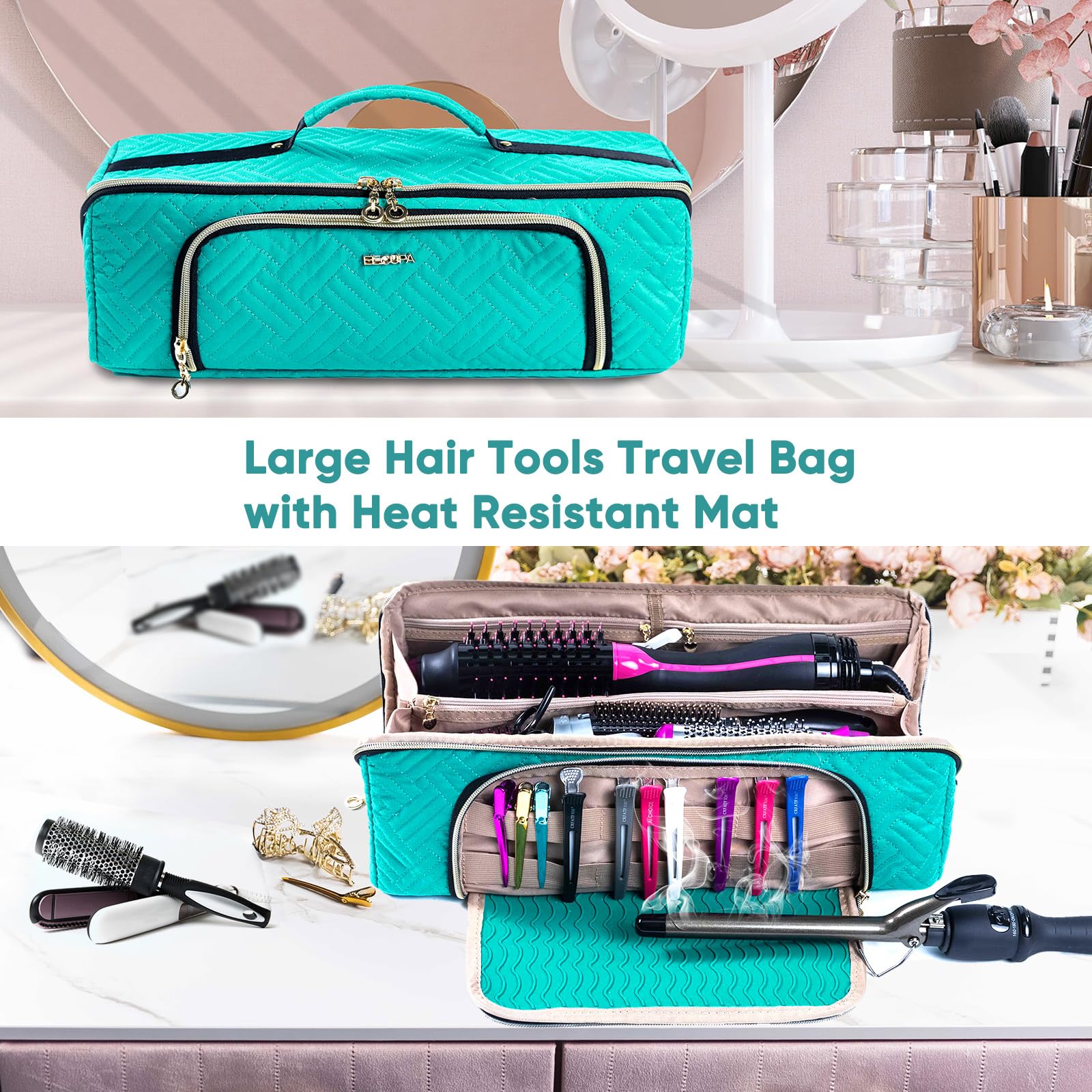 Large Hair Tools Travel Bag with Iron Mat - 2in1 Hair Tools Organizer for Hair Dryer Brush, Flat Irons, Straighteners, Curling Irons, Hair Bag, Makeup Bag, Cosmetic Bag for Travel Essentials