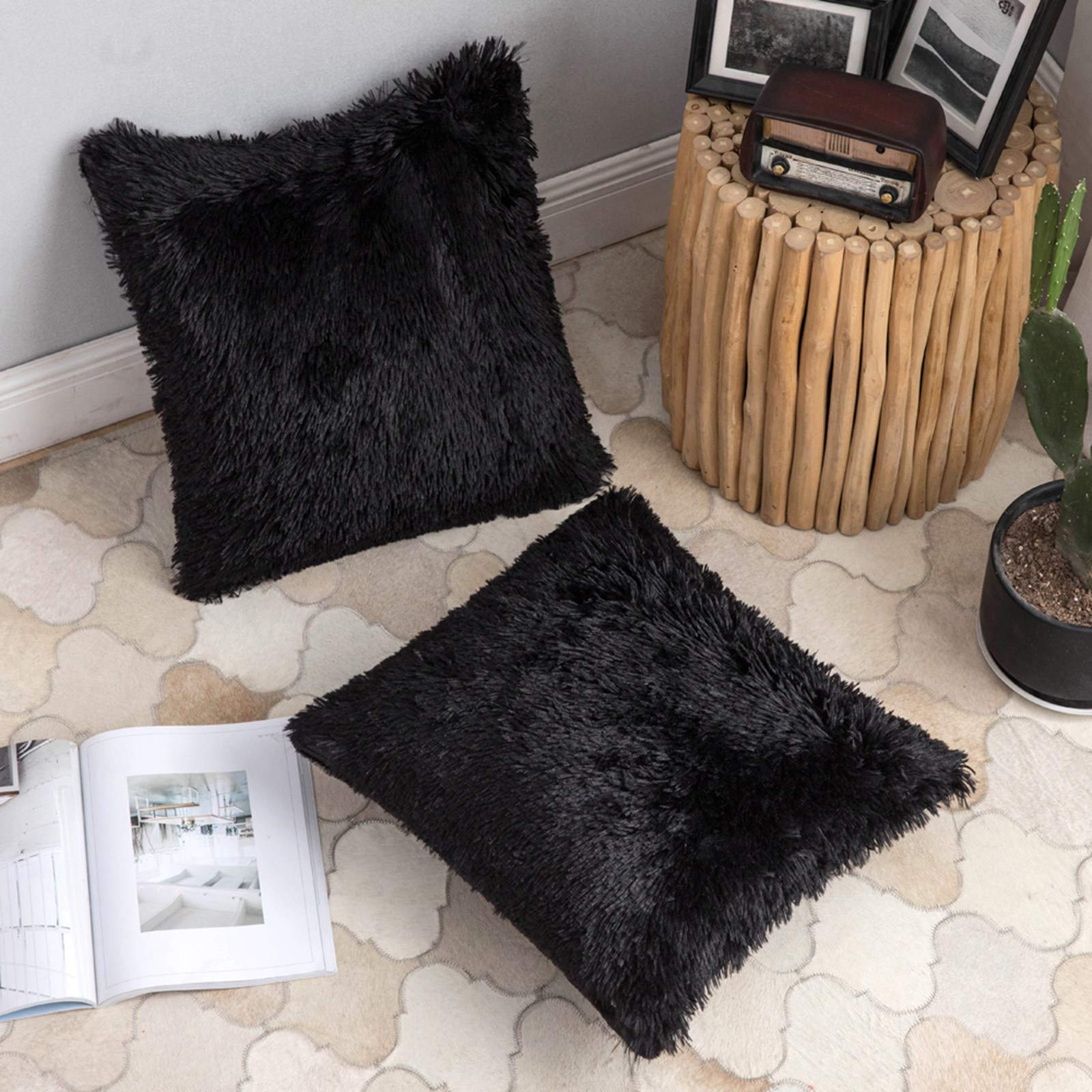 ANRODUO Pack of 2 Baby Pink Throw Pillow Covers Luxury Fluffy Pillows Faux Fur Decorative Pillows Plush Cushion Case Fuzzy Mongolian Merin Style for Bed Couch Sofa Living Room Summer Decor 16x16 Inch