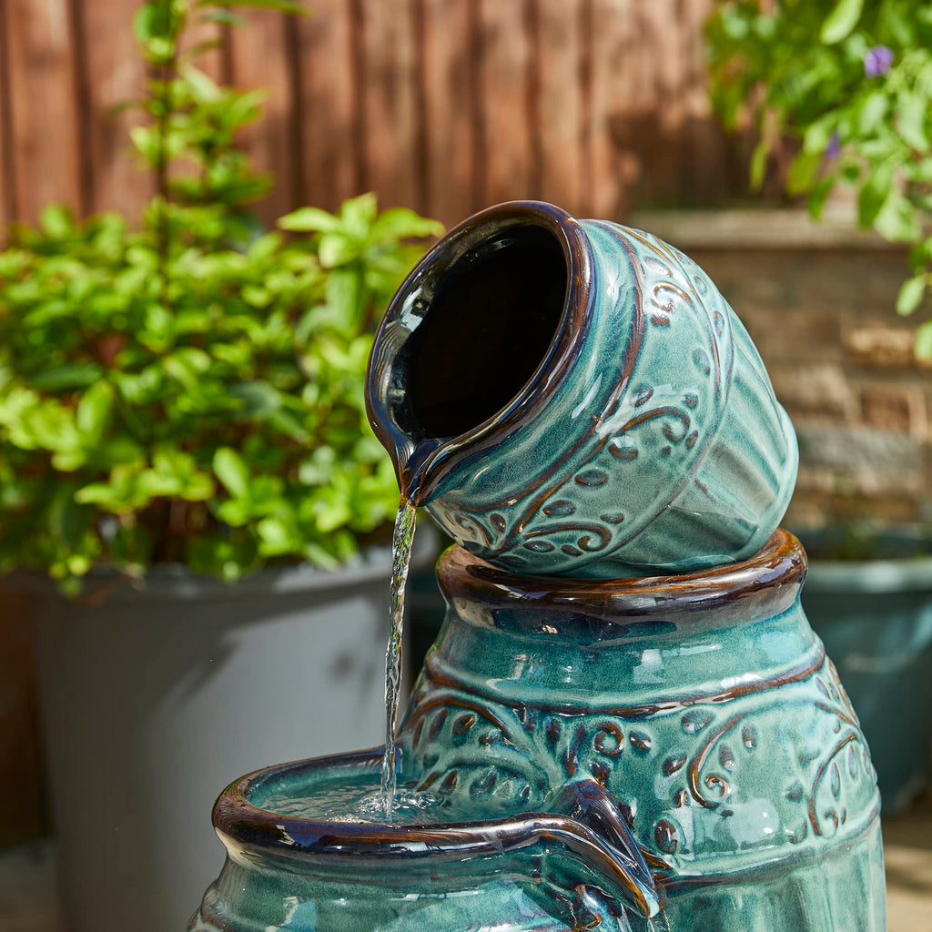 Glitzhome 27.25" H Outdoor Garden Water Fountain with LED Lights and Pump, 4 Tier Cobalt Blue Embossed Pattern Ceramic Pots Cascading Floor Standing Fountain for Porch Deck Patio Backyard Decoration