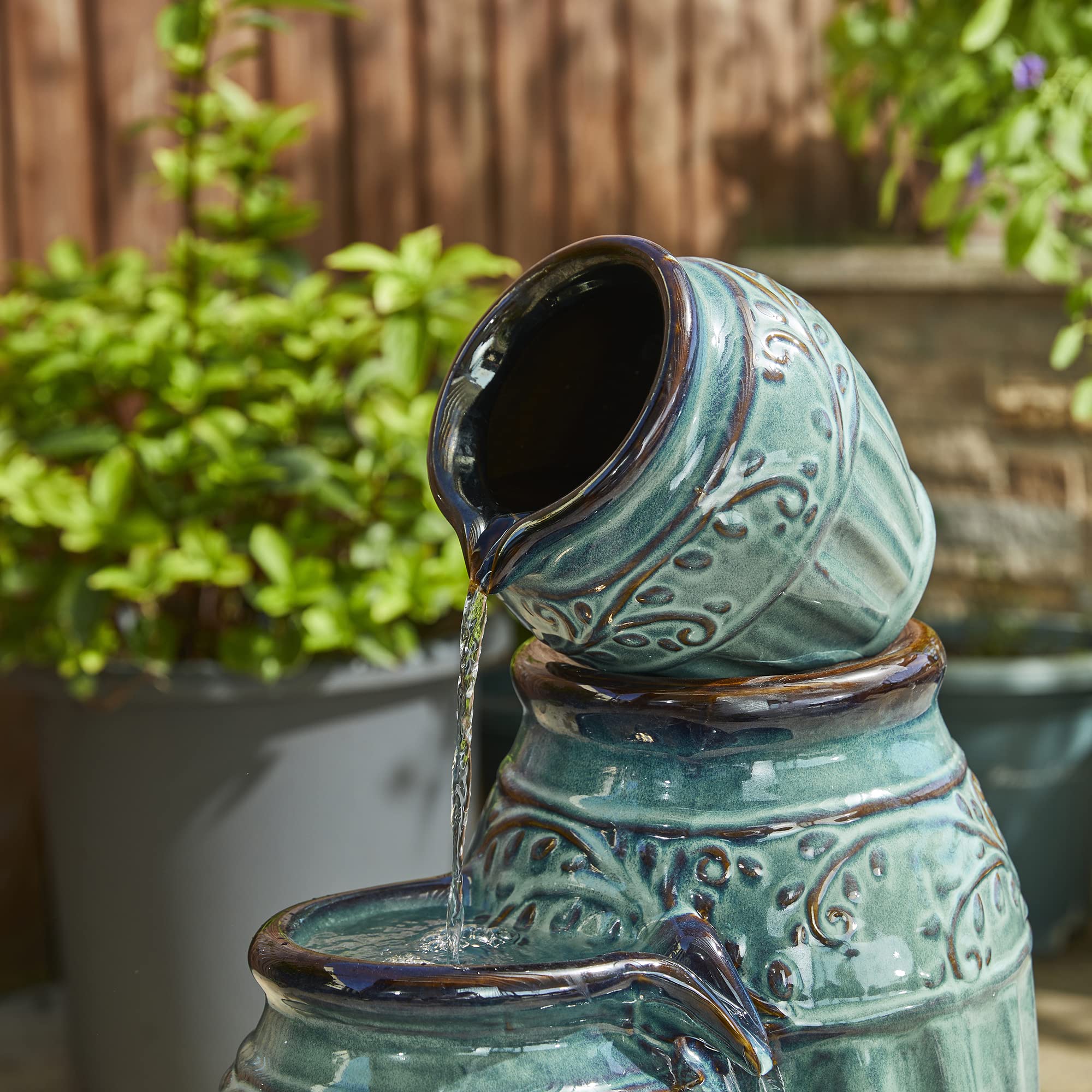 Glitzhome 27.25" H Outdoor Garden Water Fountain with LED Lights and Pump, 4 Tier Cobalt Blue Embossed Pattern Ceramic Pots Cascading Floor Standing Fountain for Porch Deck Patio Backyard Decoration