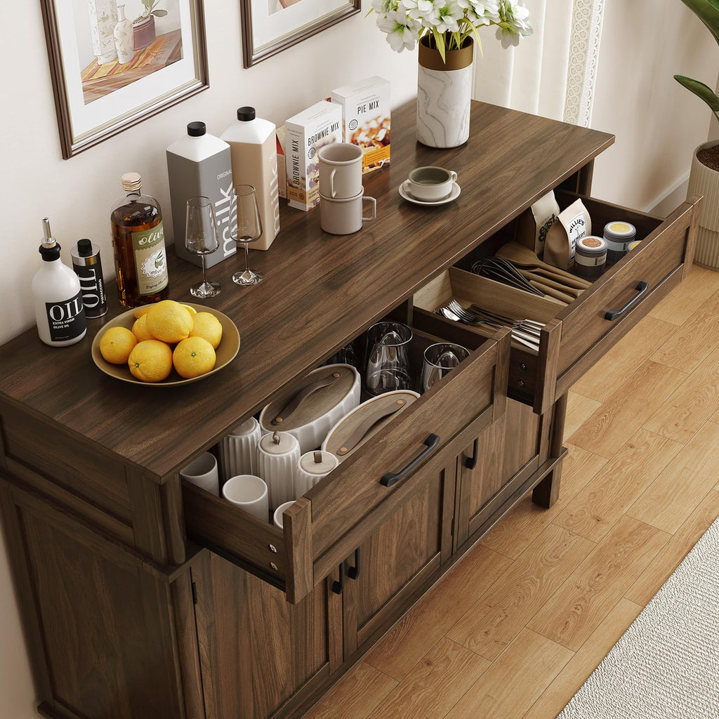 ONBRILL 48 Inches Buffet Cabinet with Storage, Farmhouse Sideboard Buffet w/2 Drawers and 3 Doors, Wood Coffee Bar Cabinet with Adjustable Shelves, Sideboard Storage for Kitchen, Living Room, Black