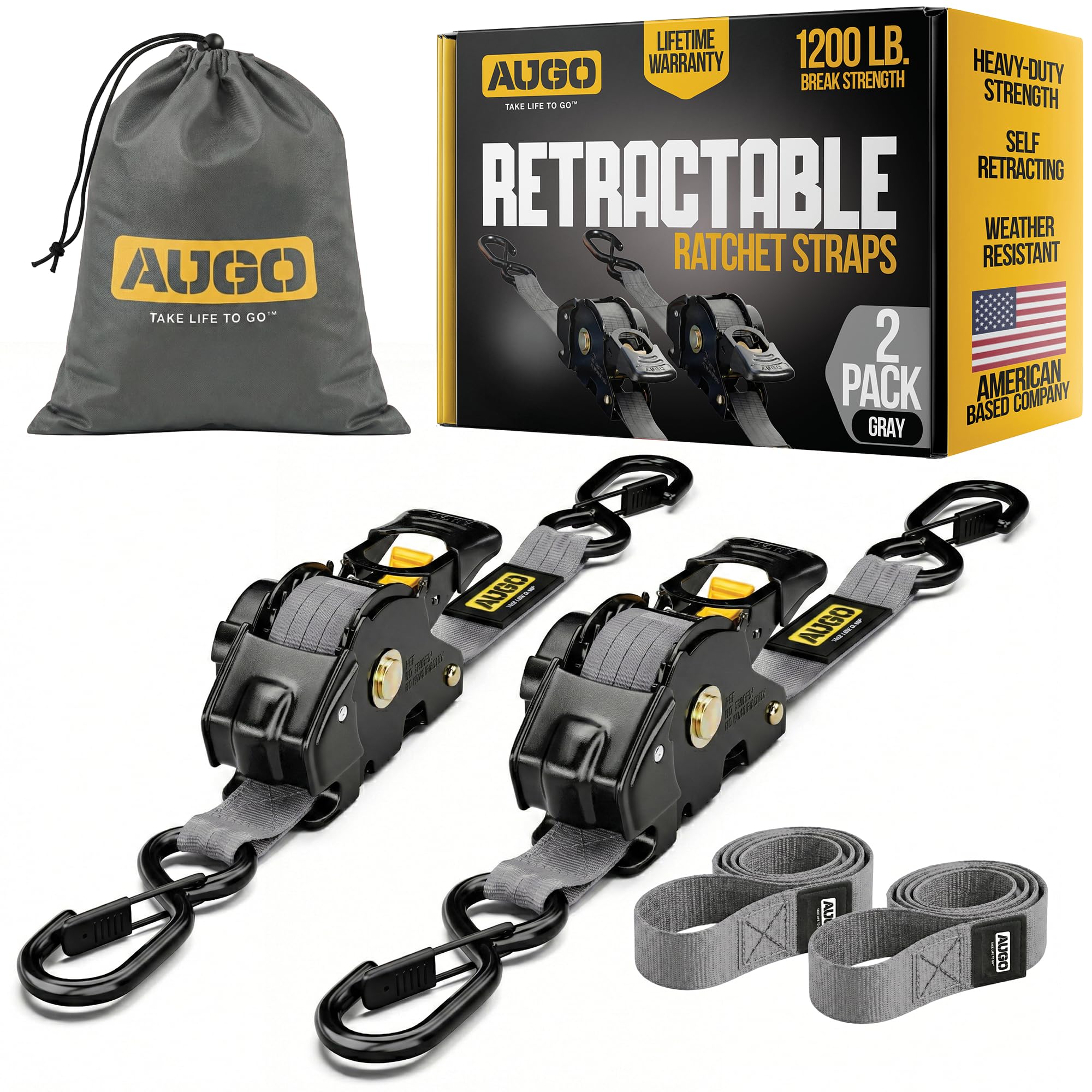 AUGO Retractable Ratchet Straps | 2 Heavy Duty Ratchet Straps Self Retractable Tie Downs with Soft Loops & Storage Bag for Motorcycle, Truck, Trailer, Cargo Van | 1200 Lb Break Strength 1” x 10’