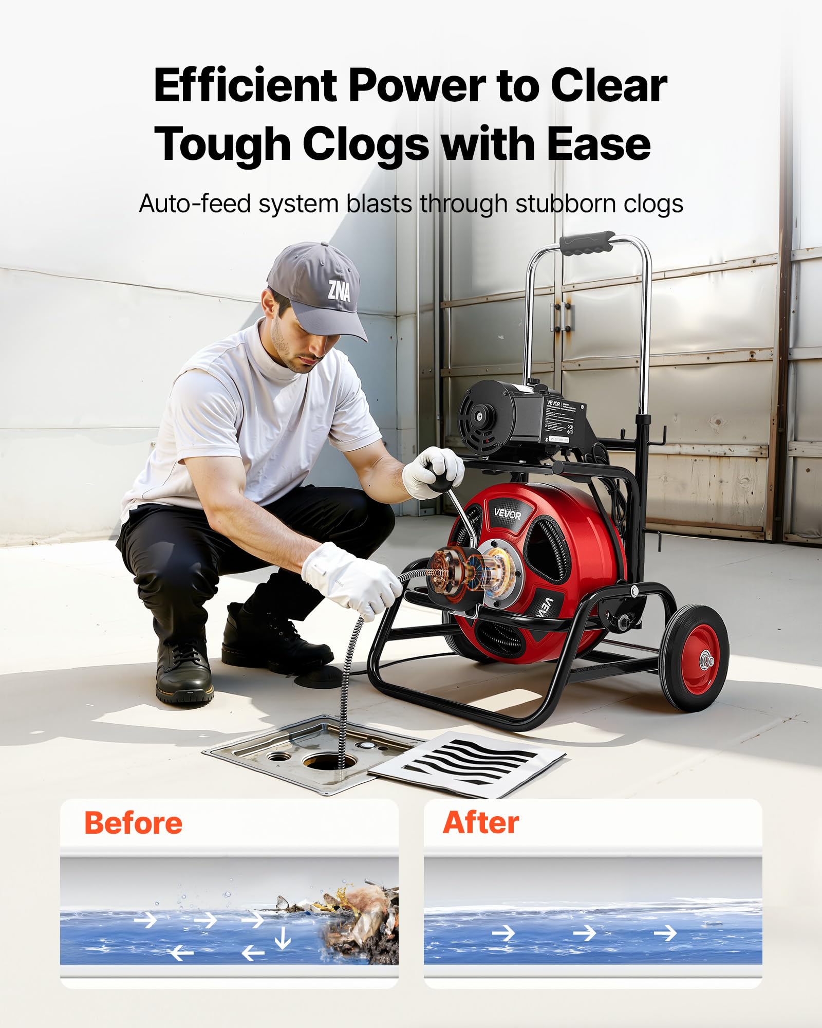VEVOR 50FT x 1/2Inch Sewer Snake Machine, Drain Cleaning Machine on 4 Wheels, Electri Drain Auger with 4 Cutters & Foot Switch for 1''- 4'' Pipes
