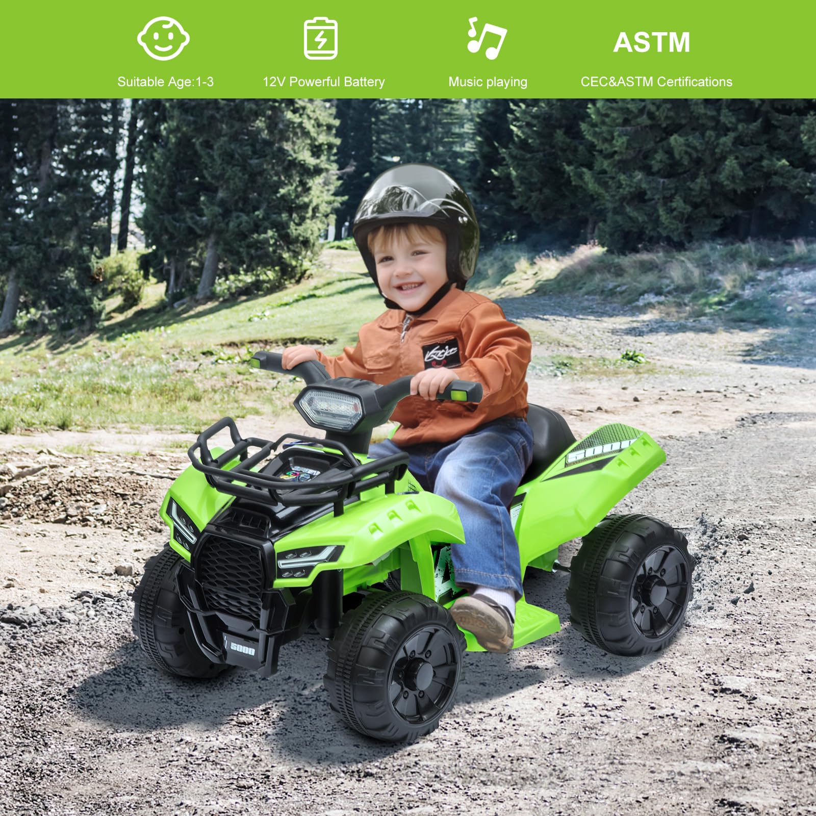 Kids Ride on ATV, 6V Battery Powered Kids Electric Vehicle, 4 Wheeler Quad w/Headlights, MP3, USB, Volume Control, Large Seat, Electric Ride on Toys Best Gifts for 18-36 Months Boys Girls (Black)