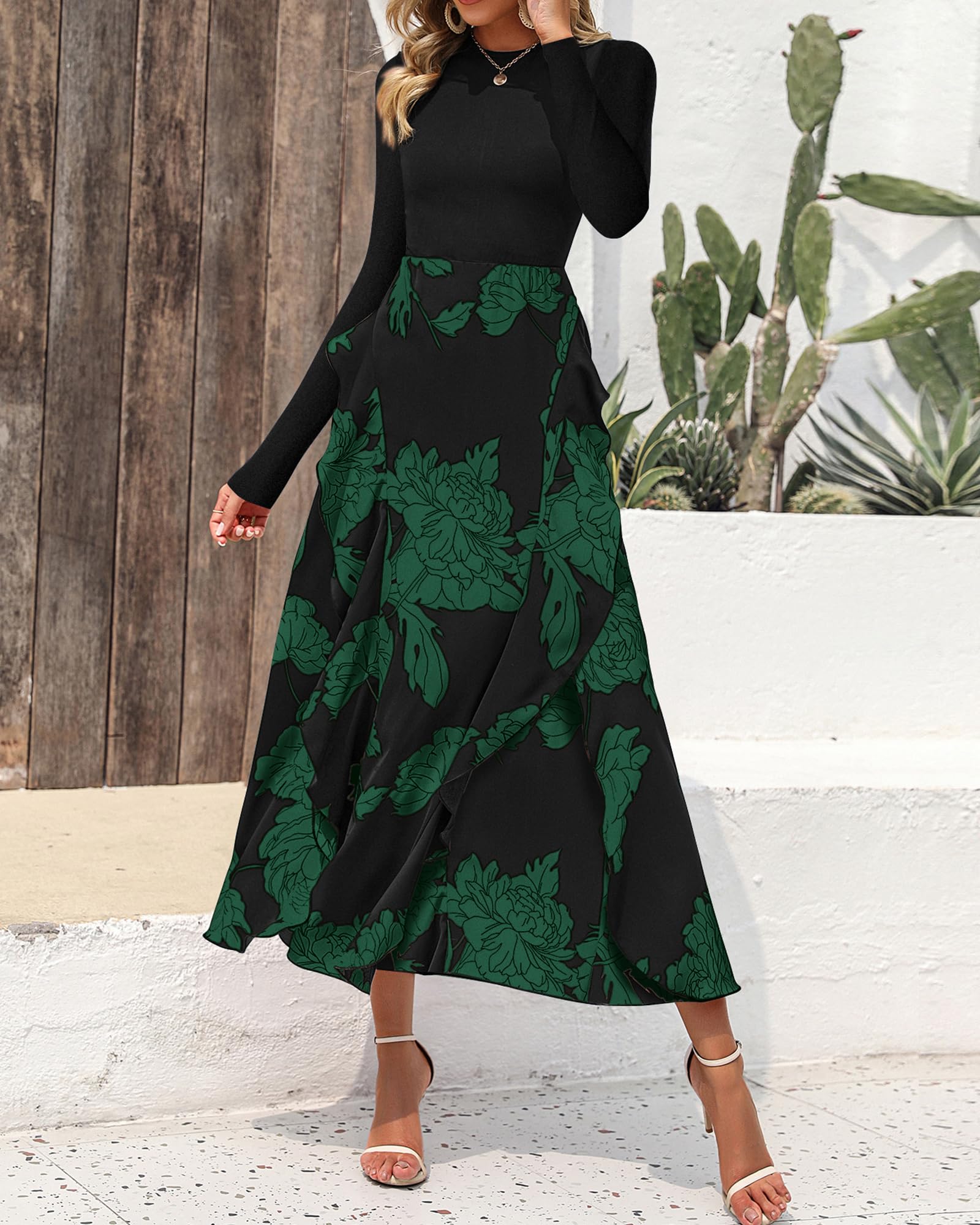BTFBM Womens Floral Maxi Dress Fall 2025 Casual Crewneck Long Sleeve Ruffle Flowy Cocktail Wedding Guest Dresses