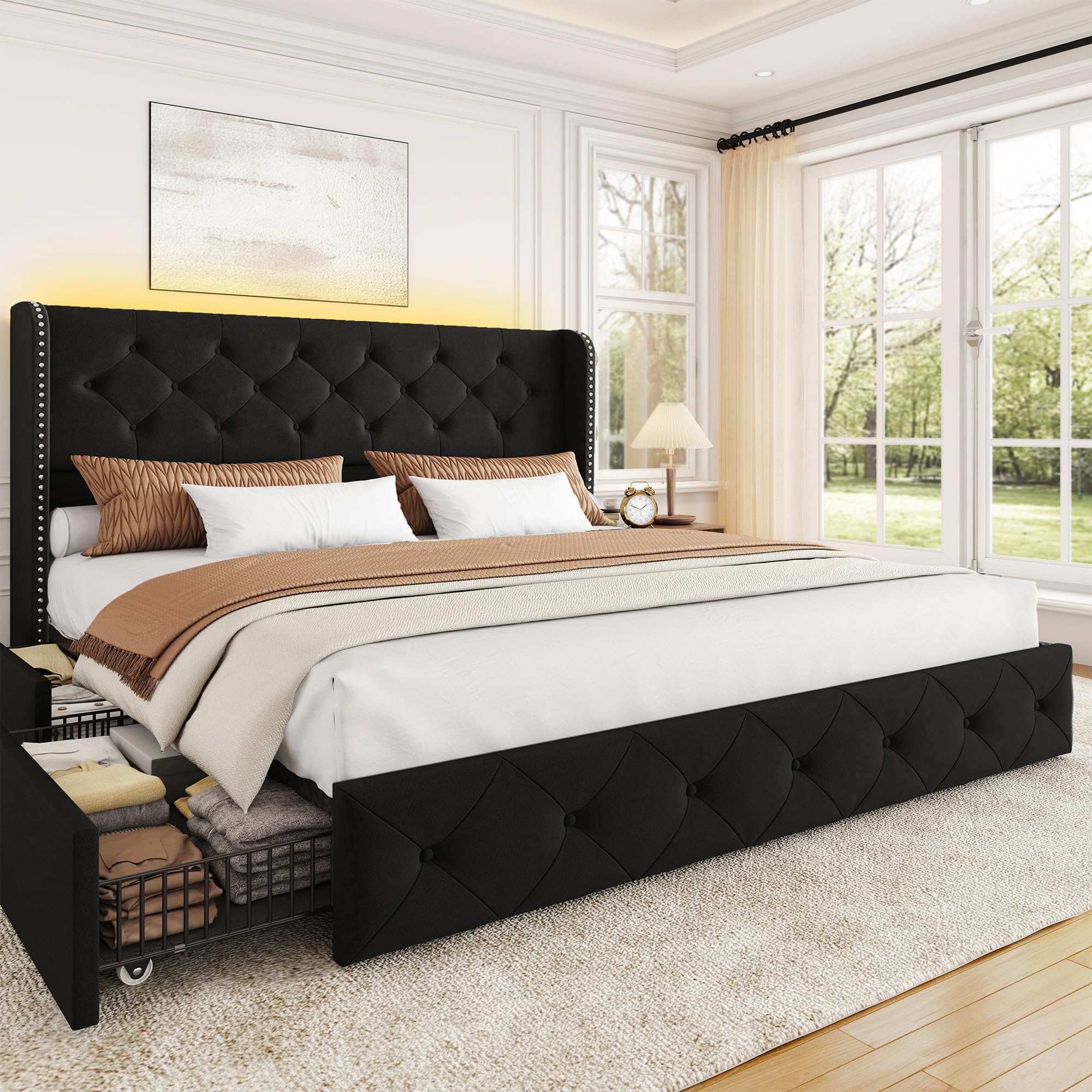 BRELTAM Full Size Bed Frame with Storage Drawers and Wingback Headboard Linen Upholstered Platform Bed Frame Tufted Beds with Heavy Duty Wood Slats, Noise Free, Easy Assembly, Beige