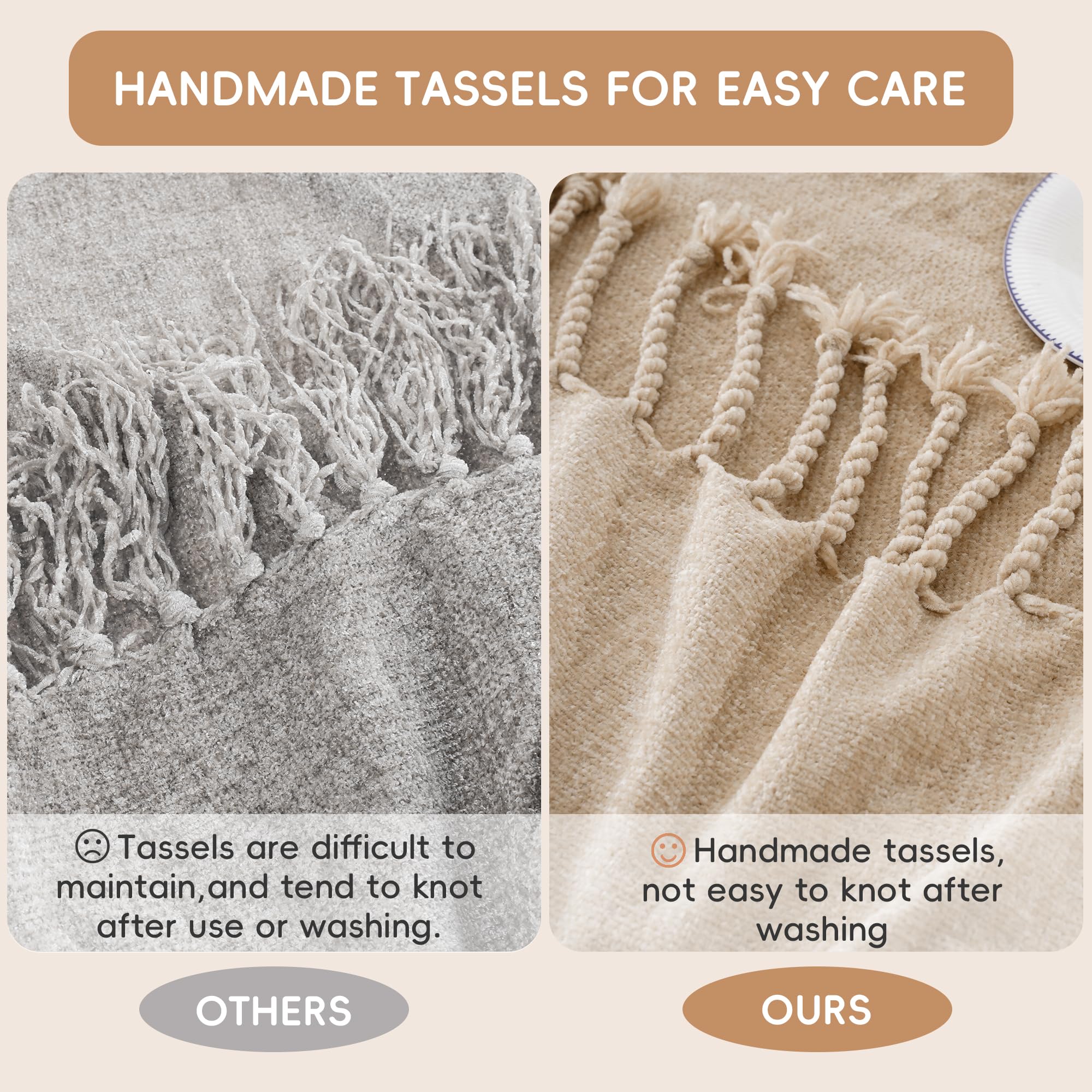 BATTILO HOME Beige Chenille Throw Blanket for Couch, Soft Cozy Textured Knit Throw Blanket with Handmade Fringe Tassels, Lightweight Decorative Farmhouse Blanket for Sofa Bed Chair, 50"x60"