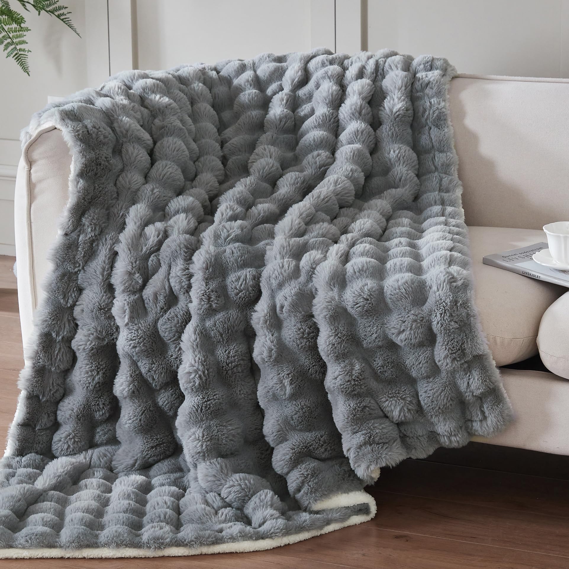 50x60 Inches Ultra-Soft Fuzzy Faux Fur Plush Throw Blanket - Thick, Warm Sherpa for Couch, Sofa, Bedroom, Camping - Decorative Blanket for Cozy Warmth, Bubble Grey