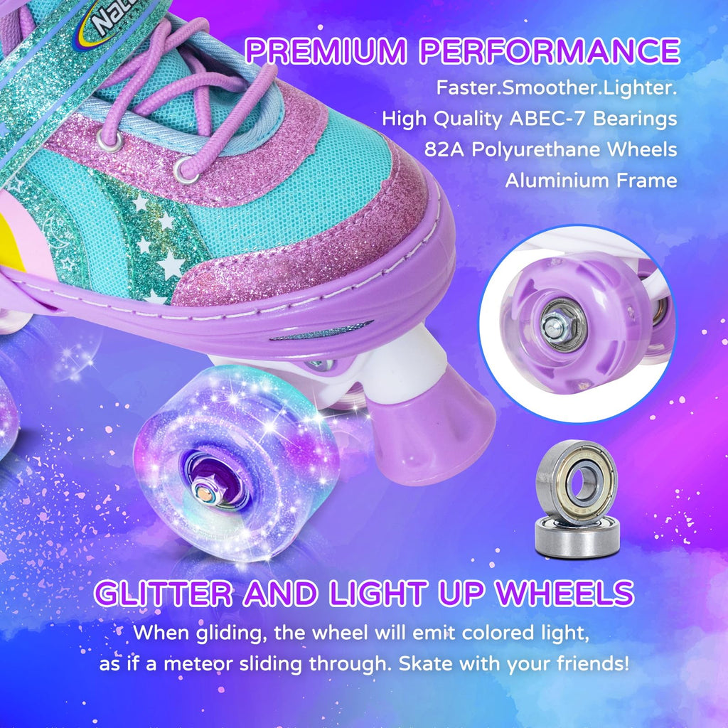 Nattork Girls Roller Skates for Kids, 4 Size Adjustable Rainbow Quad Skates with All Light Up Wheels - Best Birthday Gift for Outdoor Sports