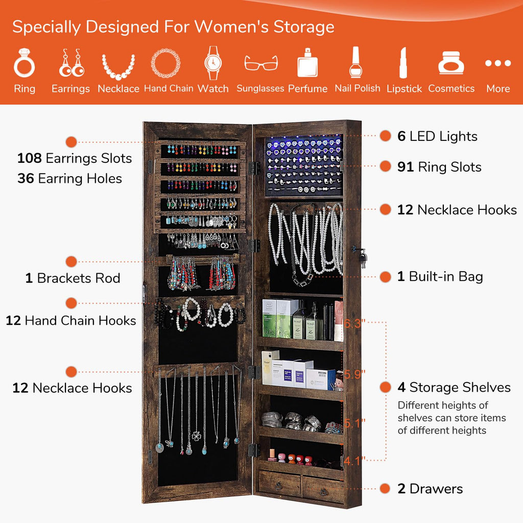 GISSAR Full Length Mirror Jewelry Cabinet, 6 LEDs Jewelry Armoire Wall Mounted Over The Door Hanging, Jewelry Organizer Storage with Lights Lockable, Black, 14.6" x 47.2"