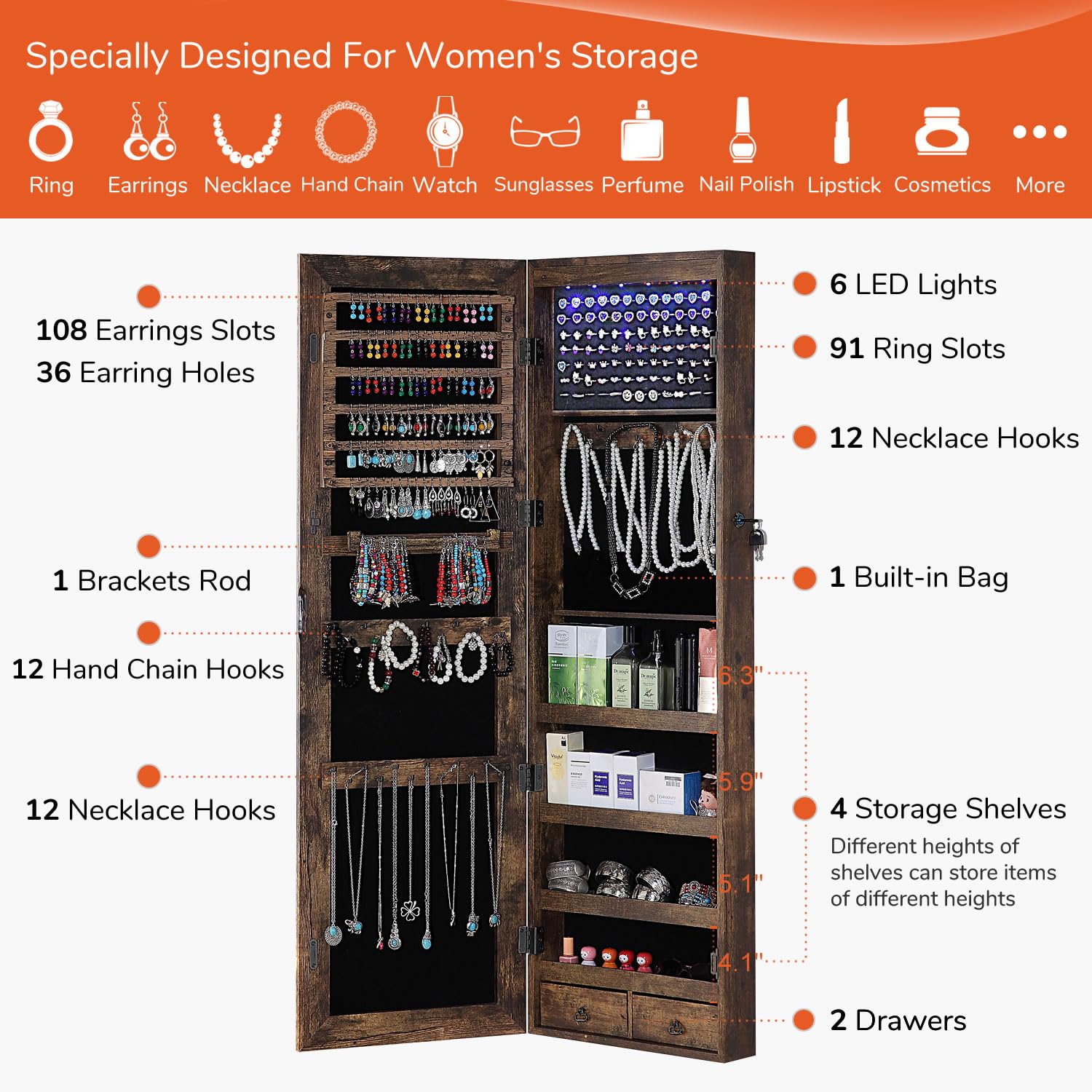 GISSAR Full Length Mirror Jewelry Cabinet, 6 LEDs Jewelry Armoire Wall Mounted Over The Door Hanging, Jewelry Organizer Storage with Lights Lockable, Black, 14.6" x 47.2"