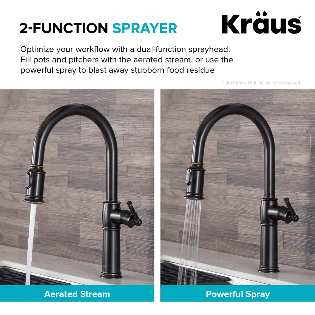 KRAUS Allyn Transitional Bridge Kitchen Faucet with Pull-Down Sprayhead in Brushed Gold, KPF-3121BG
