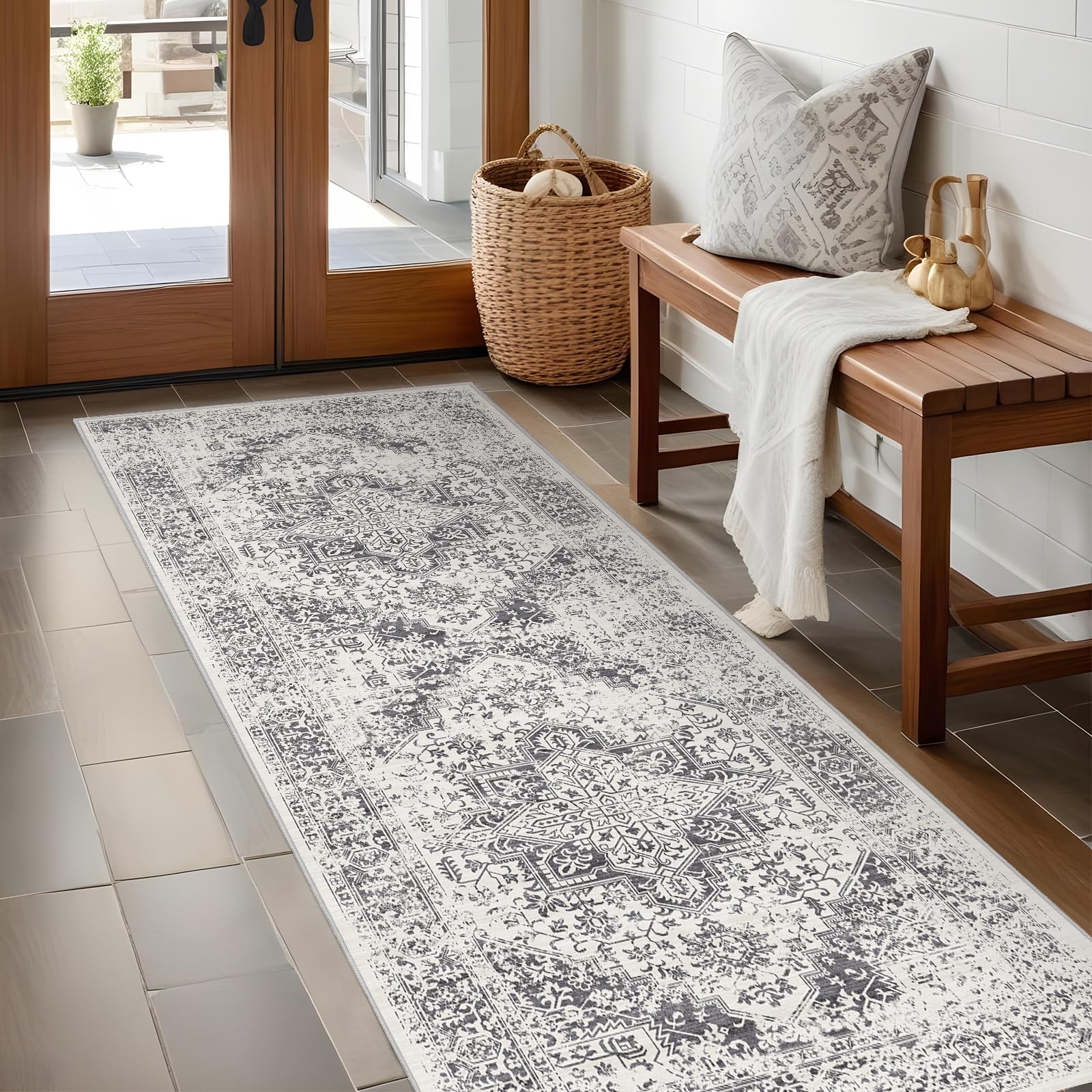 2x5 Washable Kitchen Runner Rug - Soft Low Pile Floral Animal Cat Print Rugs with Non-Slip Backing Waterproof Stain-Resistant Indoor Carpet for Hallway Entryway Bathroom Bedroom (Black)