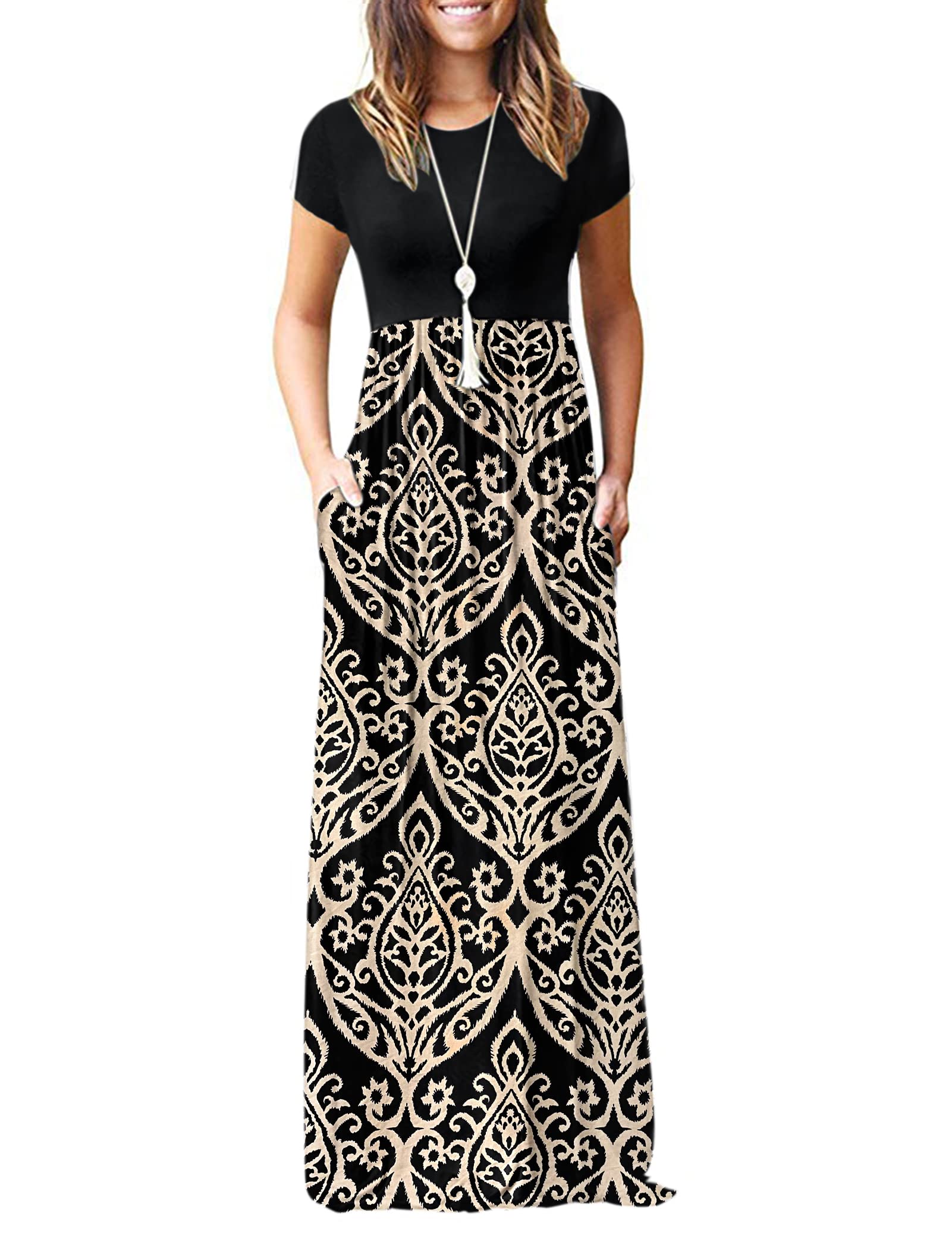 MISFAY Women Short Sleeve Loose Plain Maxi Dresses Casual Long Dresses Pockets