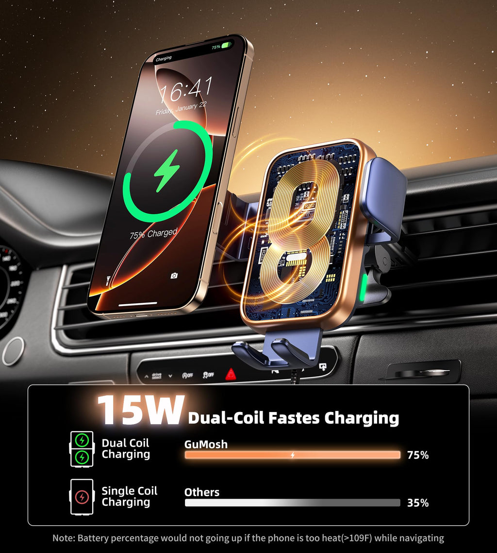 Dual Coil 15W Car Phone Holder Wireless Car Charger -Auto Clamping- Charging Phone Holders for Your Car Dash Vent Windshield, for Flip S25/S24/S23/S22, iPhone 17/16/15/14