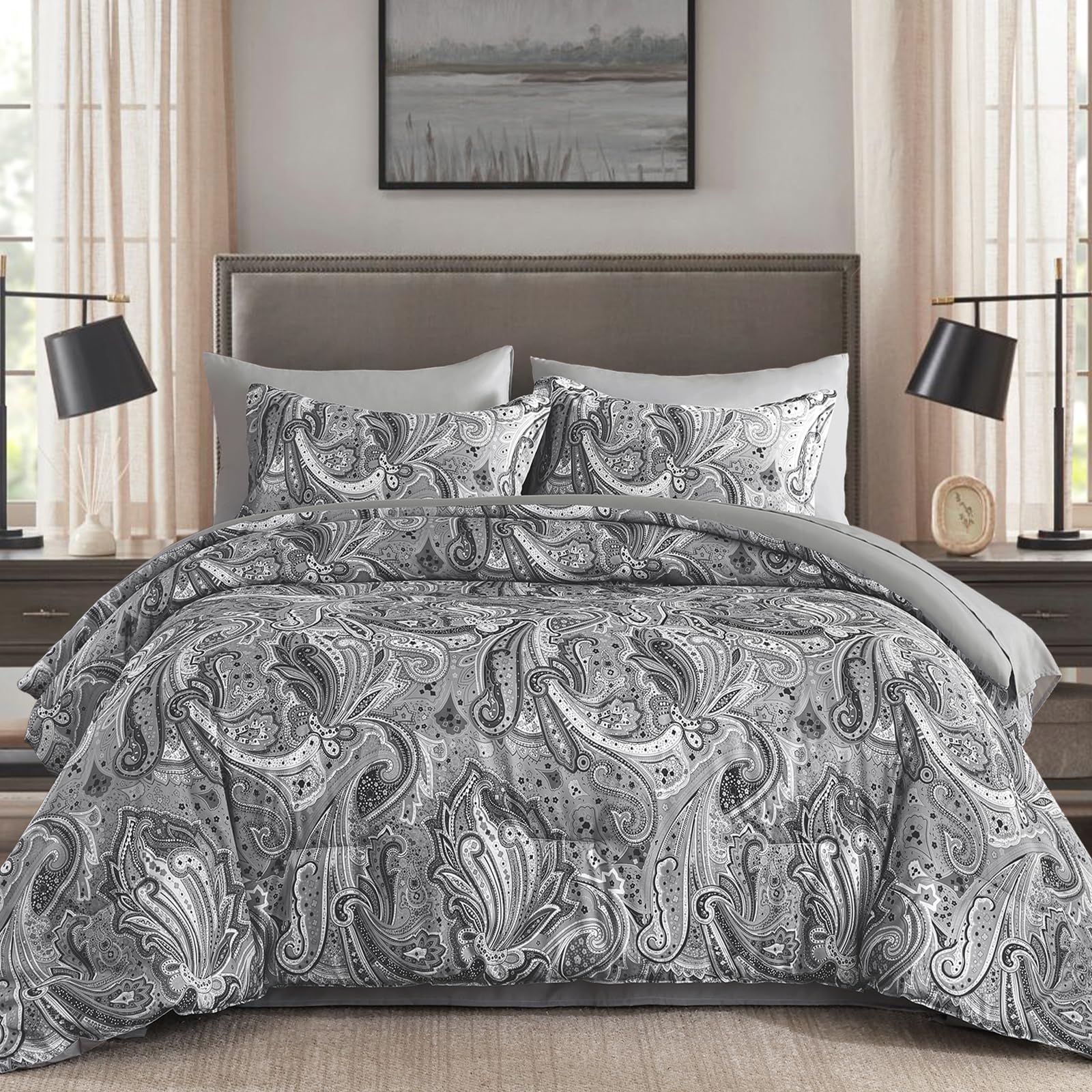 DJY Black Paisley Comforter Set Full Size 7 Piece Bed in a Bag Black and Grey Boho Paisley Pattern Comforter Set Soft Lightweight Microfiber Reversible Bedding Set for All Season