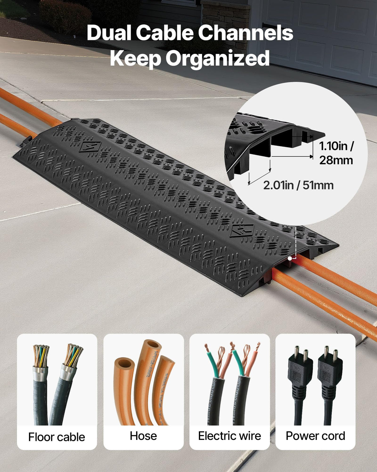 VEVOR 1 Pack Drop Over Cable Cover, 2 Channel Heavy Duty Cable Hose Protector Ramp, 38.3'' Floor Cord Cover, 17,500 lbs/Axle Load Capacity, for Traffic Areas, Indoor, Outdoor, Home, Office, Warehouse