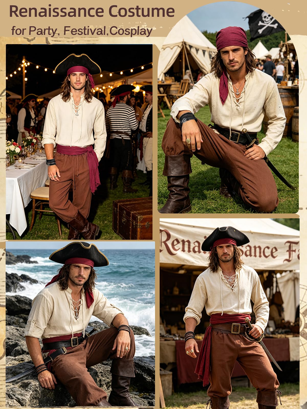 Verceco Mens Pirate Costume Outfit Renaissance Costume Men Medieval Outfit With Pirate Pants Shirts Sash Accessories (Black, Medium)